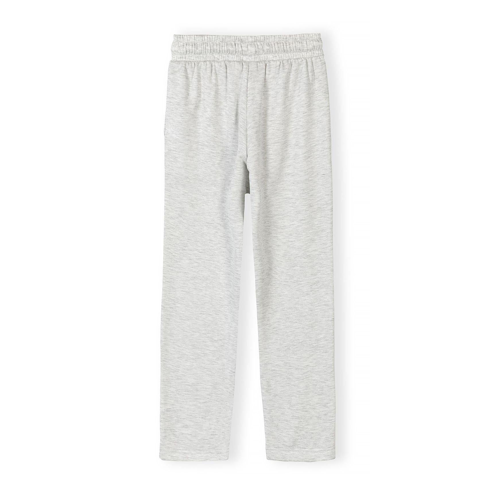 Light grey wide leg joggers laid flat showing full length straight leg silhouette and elastic waistband on white background