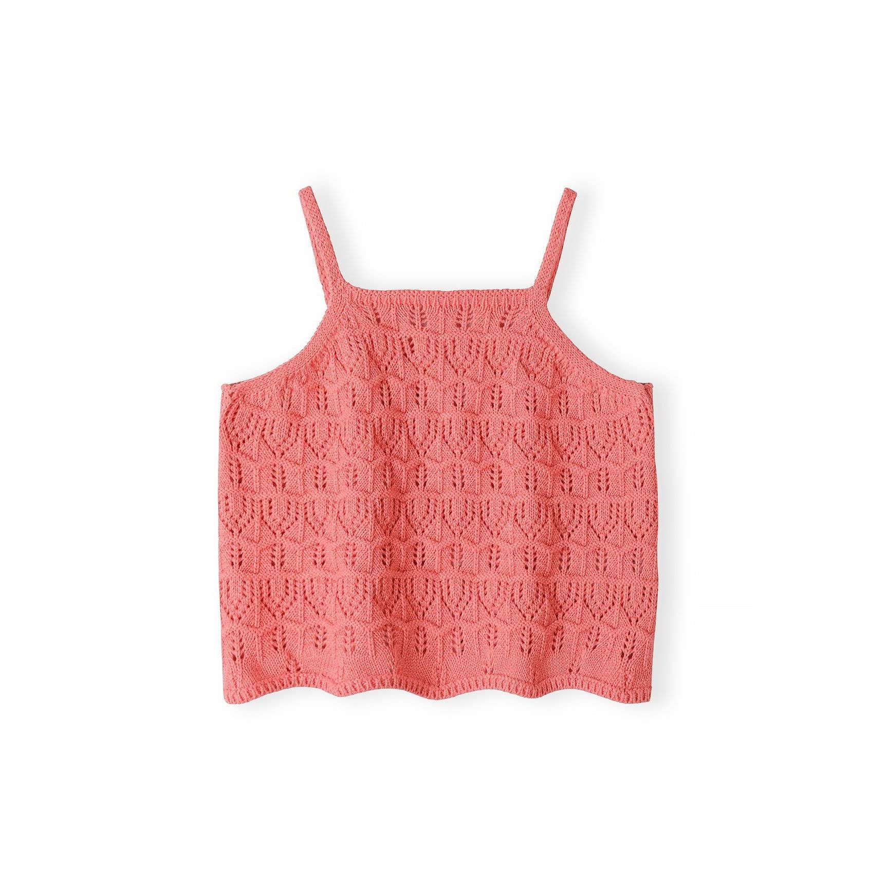 Close-up of coral pink crochet shorts showing elasticated waistband and detailed lace knit texture on white background