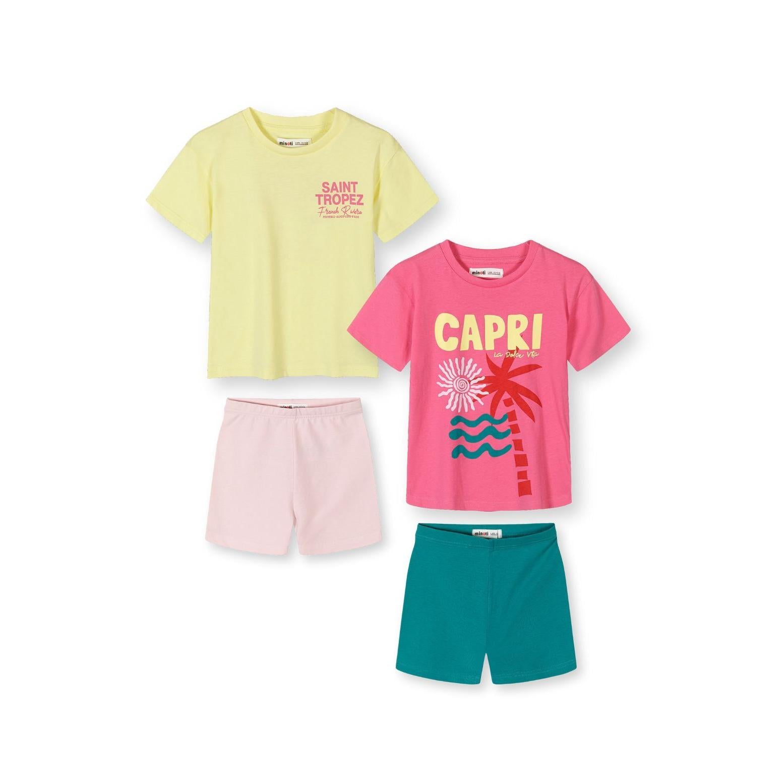 Teal cycling shorts laid flat showing Minoti brand label and ribbed waistband construction on white background