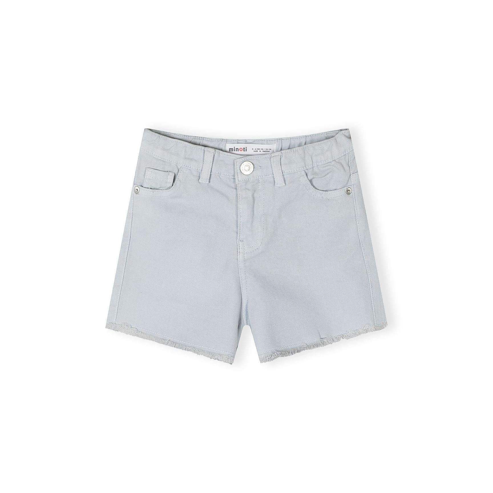 Single white twill shorts laid flat showing front view with Minoti label visible in waistband, button closure and classic pocket detailing