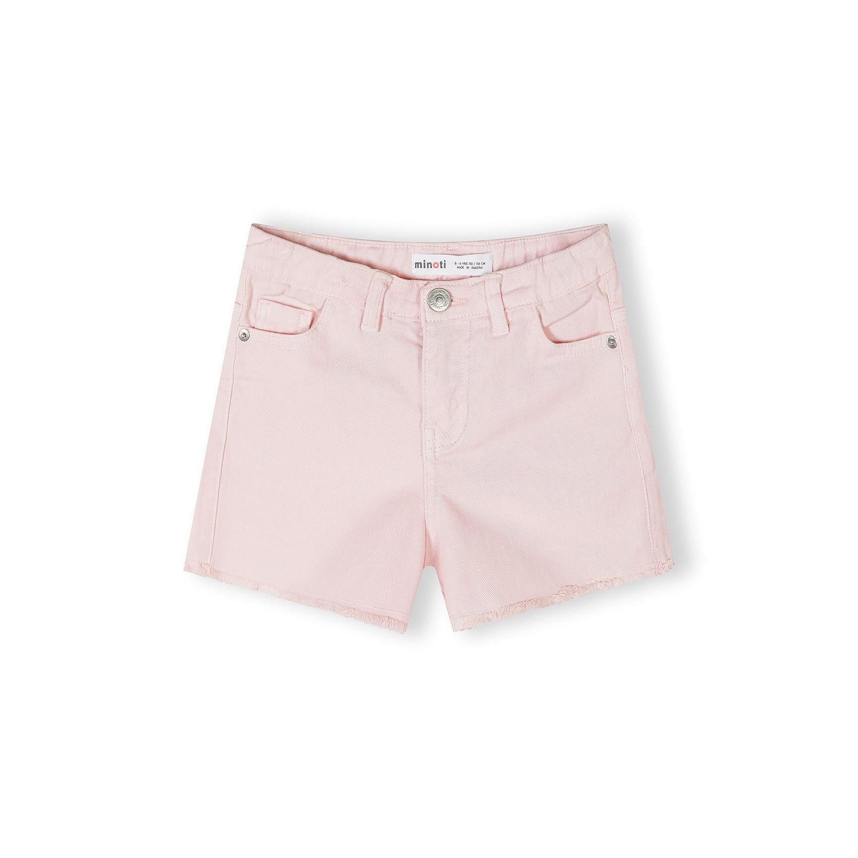 Single beige cotton twill shorts laid flat showing front view with classic denim-style pockets, button closure, and frayed hem detail on white background
