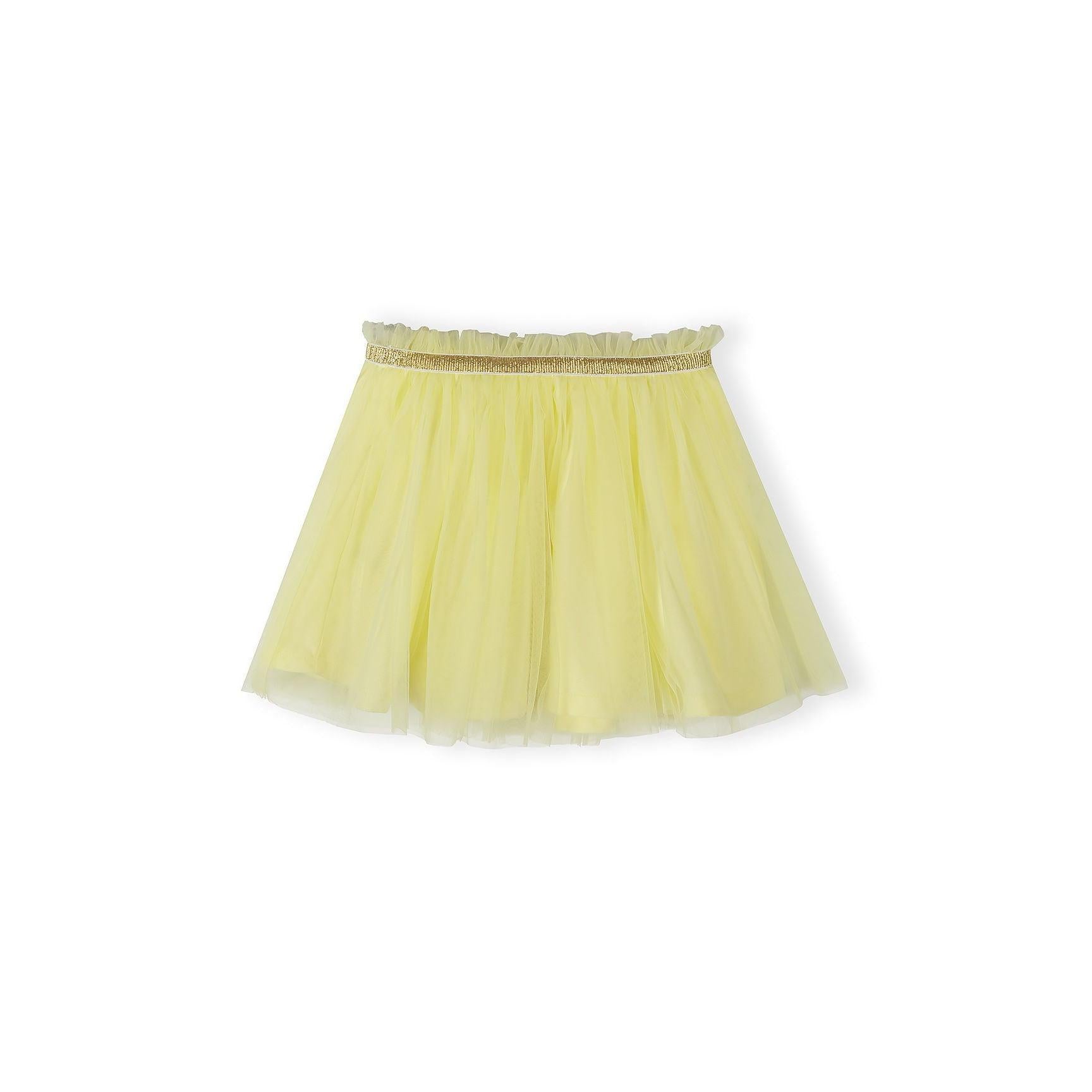 Light yellow tulle skirt laid flat showing soft mesh layers and gold metallic waistband trim against white background