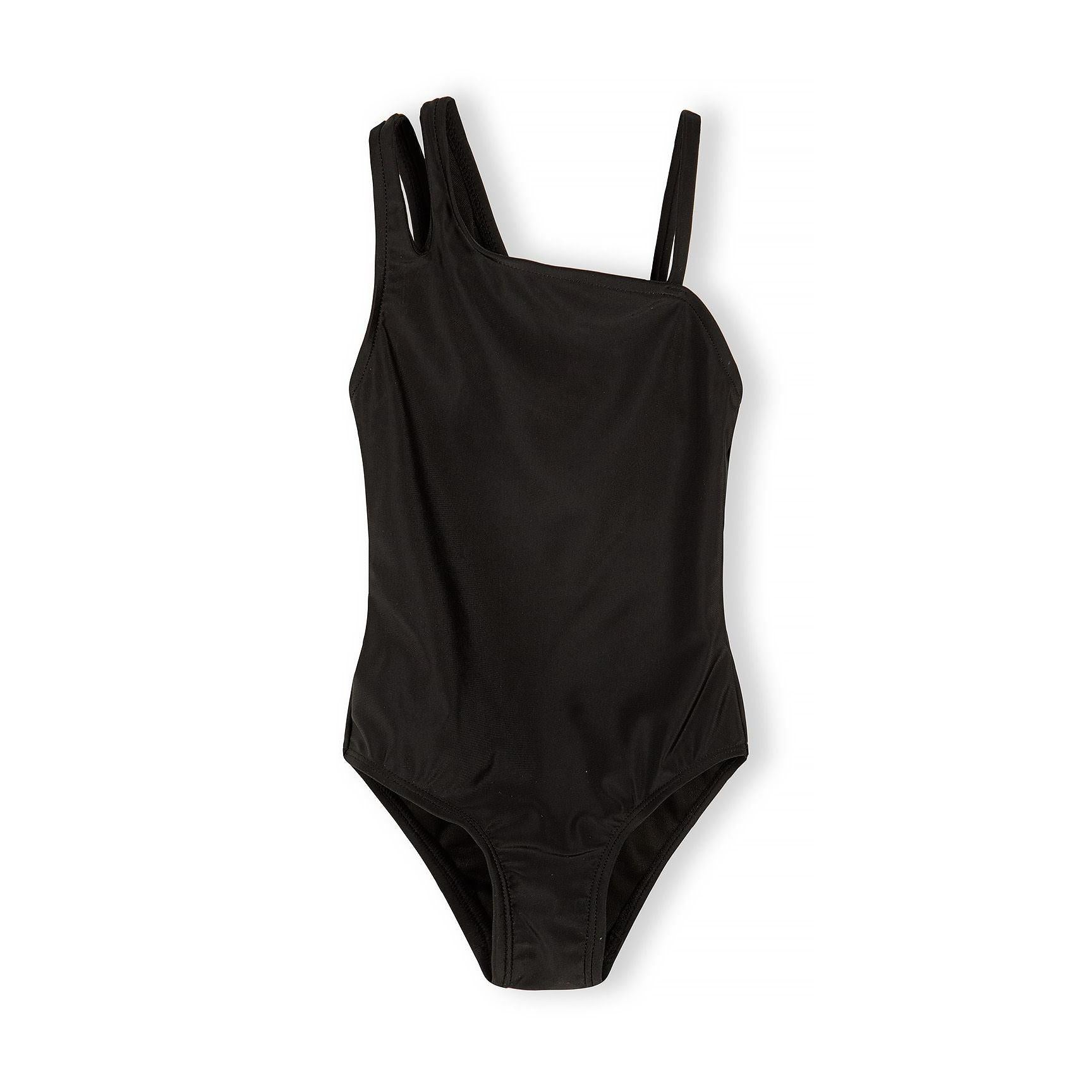 Black asymmetrical swimsuit with single shoulder strap and cut-out detail on white background