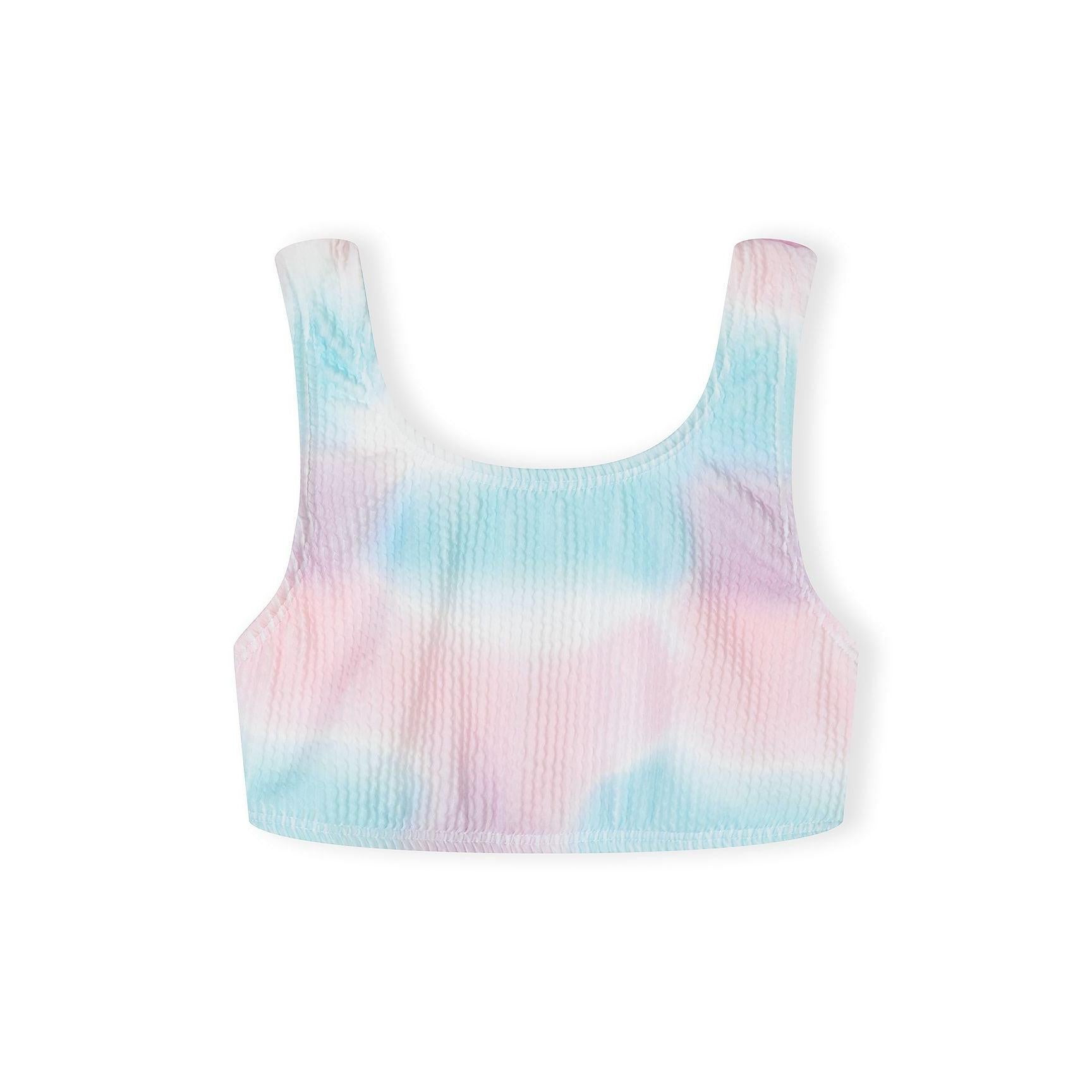 Detail view of bikini top showing adjustable pink buckle closure and ribbed fabric texture in tie-dye pattern against white background