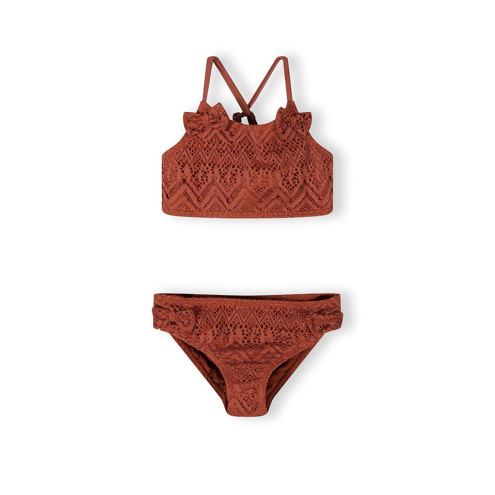 Copper crochet bikini set displayed flat against white background showing intricate diamond open-knit pattern on both top and bottom pieces with adjustable cross-back straps