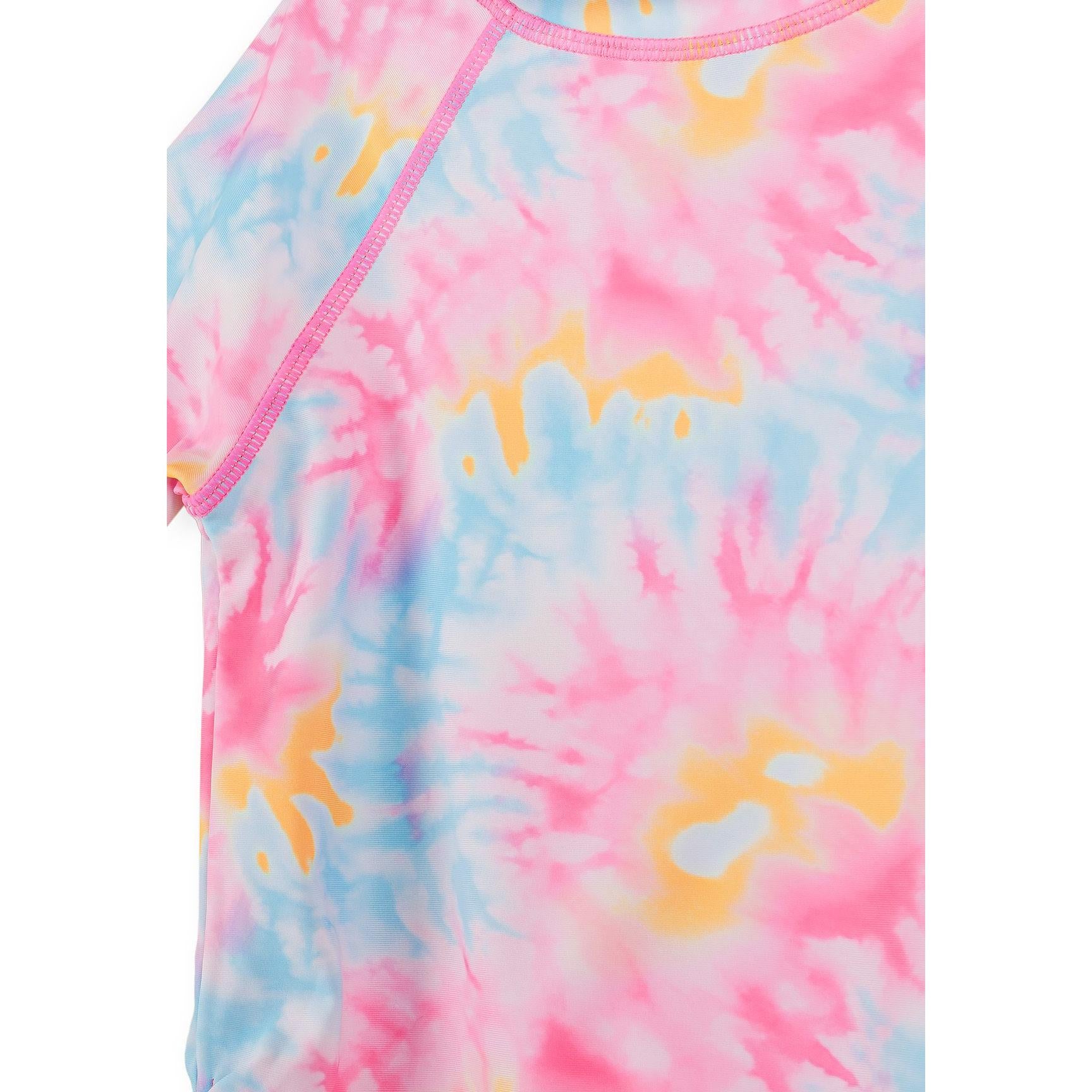 Tie-dye bikini bottom with ruffled side details in matching pink and blue pattern, shown from back view on white background