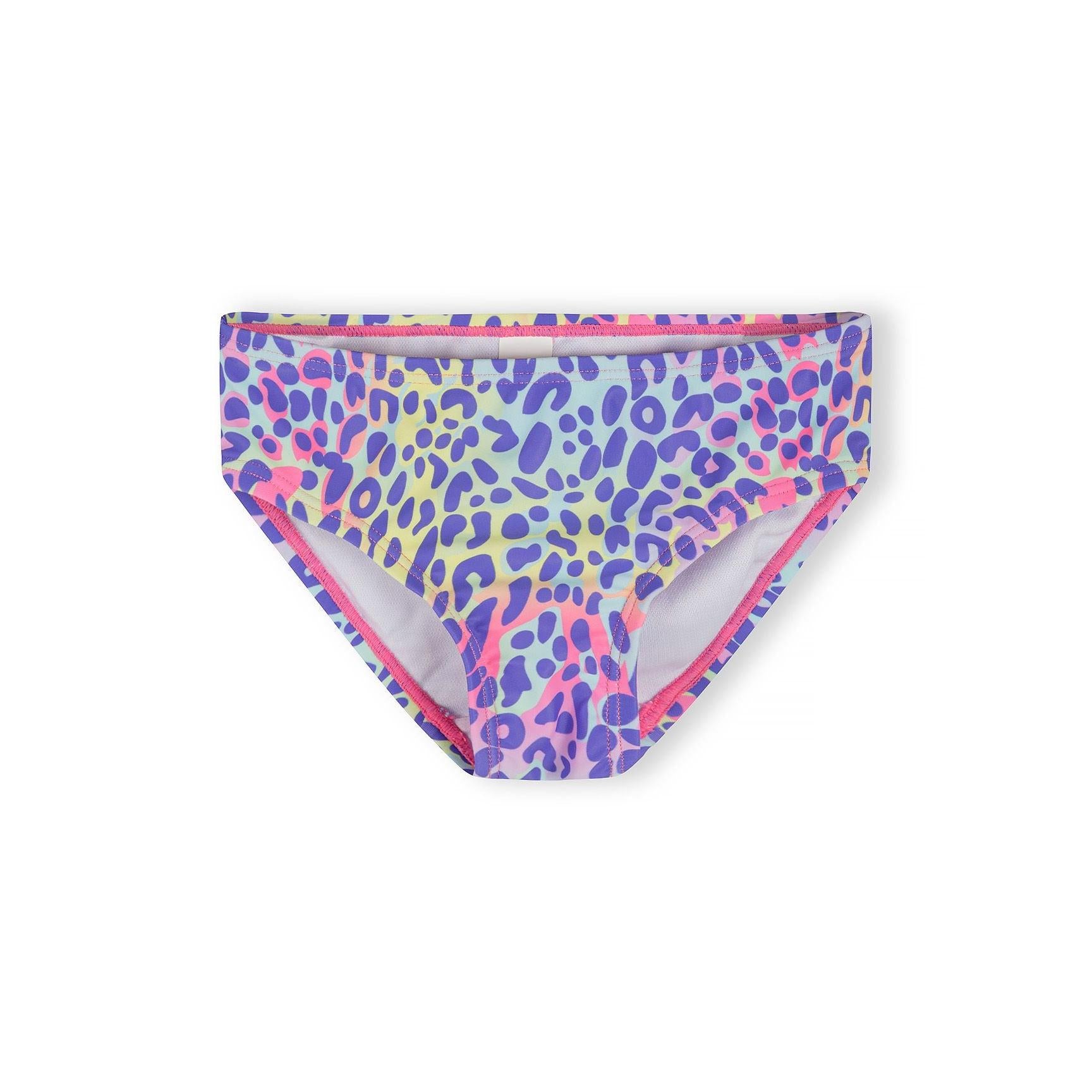 Close-up front view of purple leopard print swim briefs showing the vibrant multicoloured pattern and comfortable waistband design