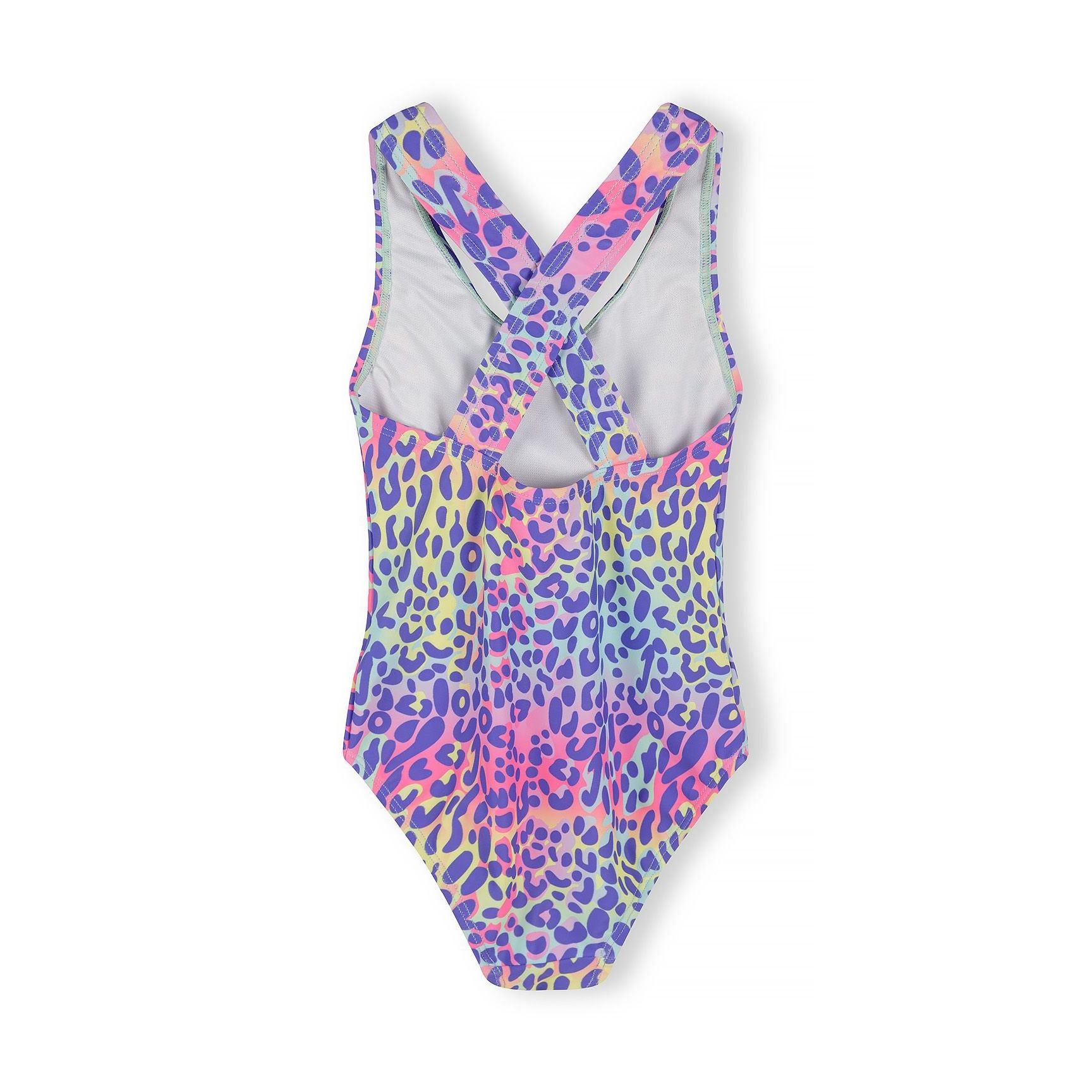 Back view of the same leopard print swimsuit showing crossover strap detail and full coverage design on white background