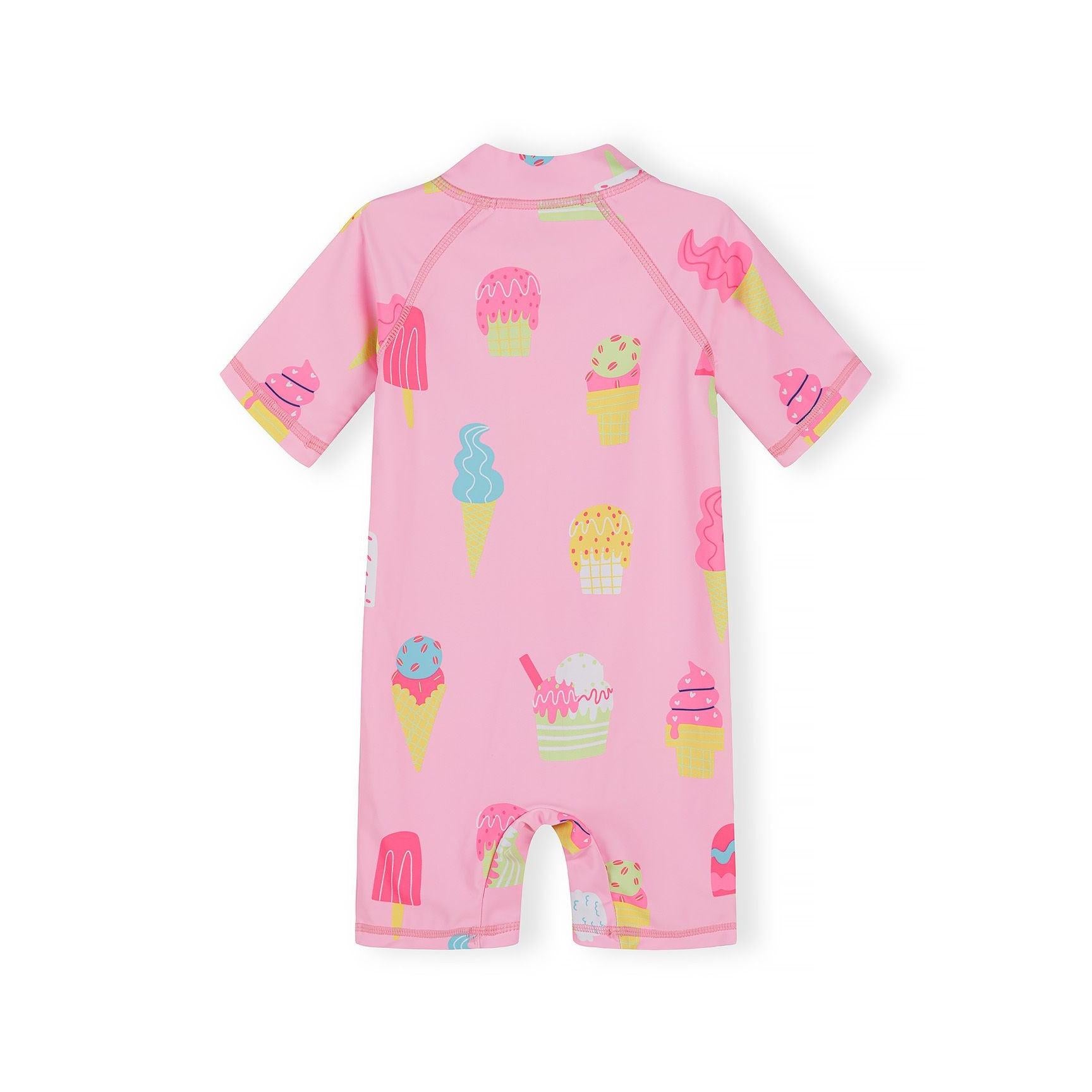 Back view of pink ice cream print rashguard swimsuit showing raglan sleeve construction and all-over pattern detail