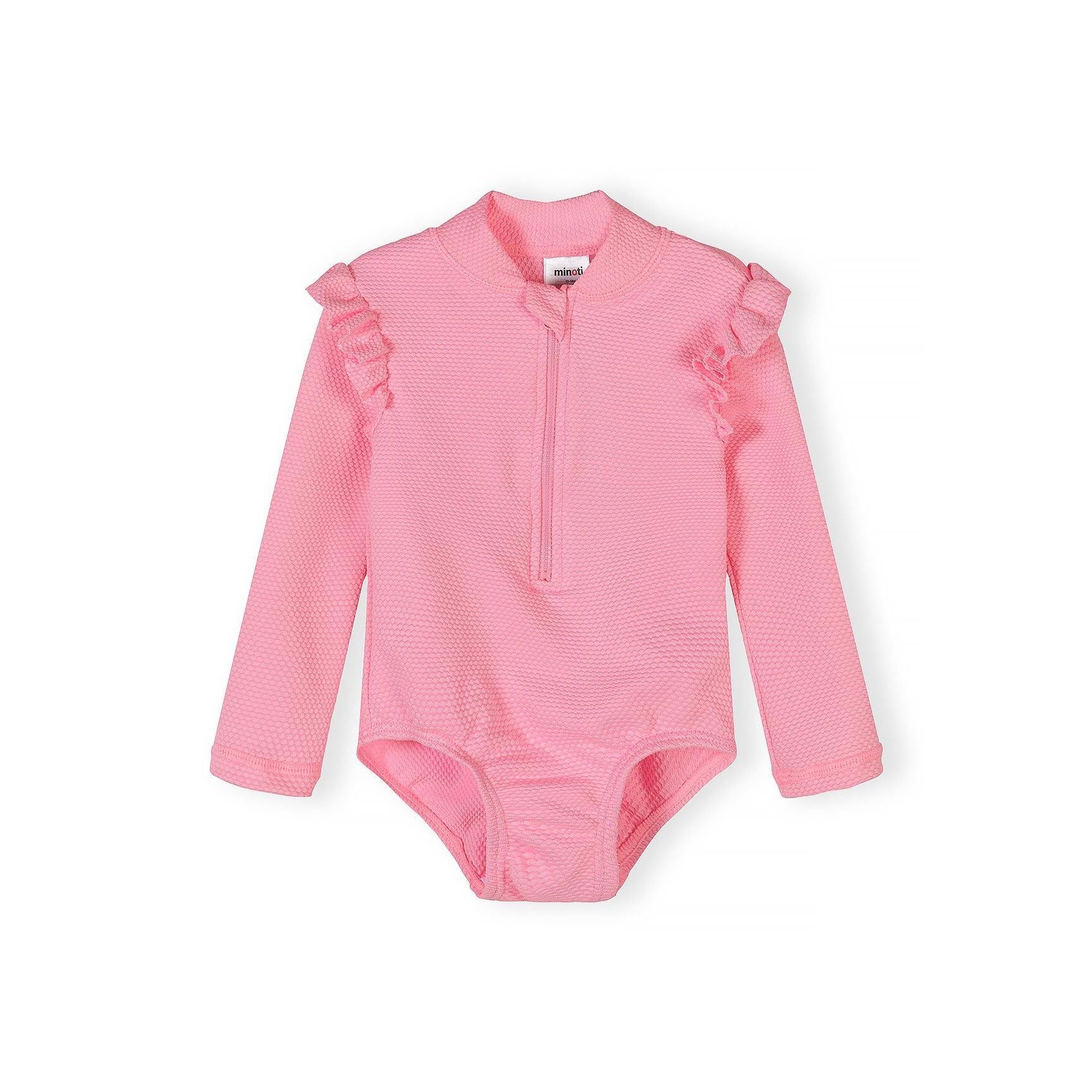 Back view of light pink textured swimsuit showing full coverage design with long sleeves and bodysuit bottom on white background