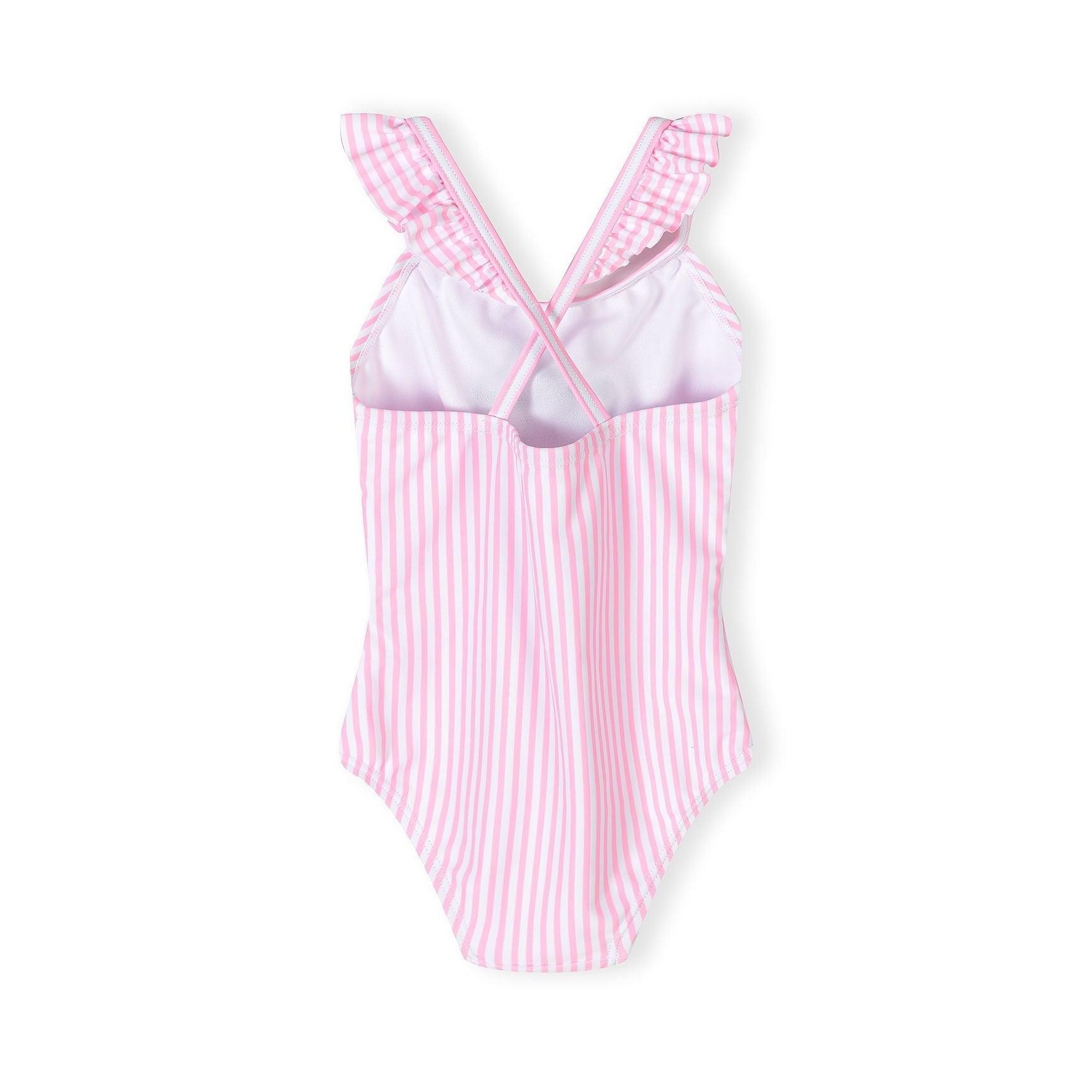 Back view of pink striped swimsuit showing cross-back strap design and gingham ruffle details on white background