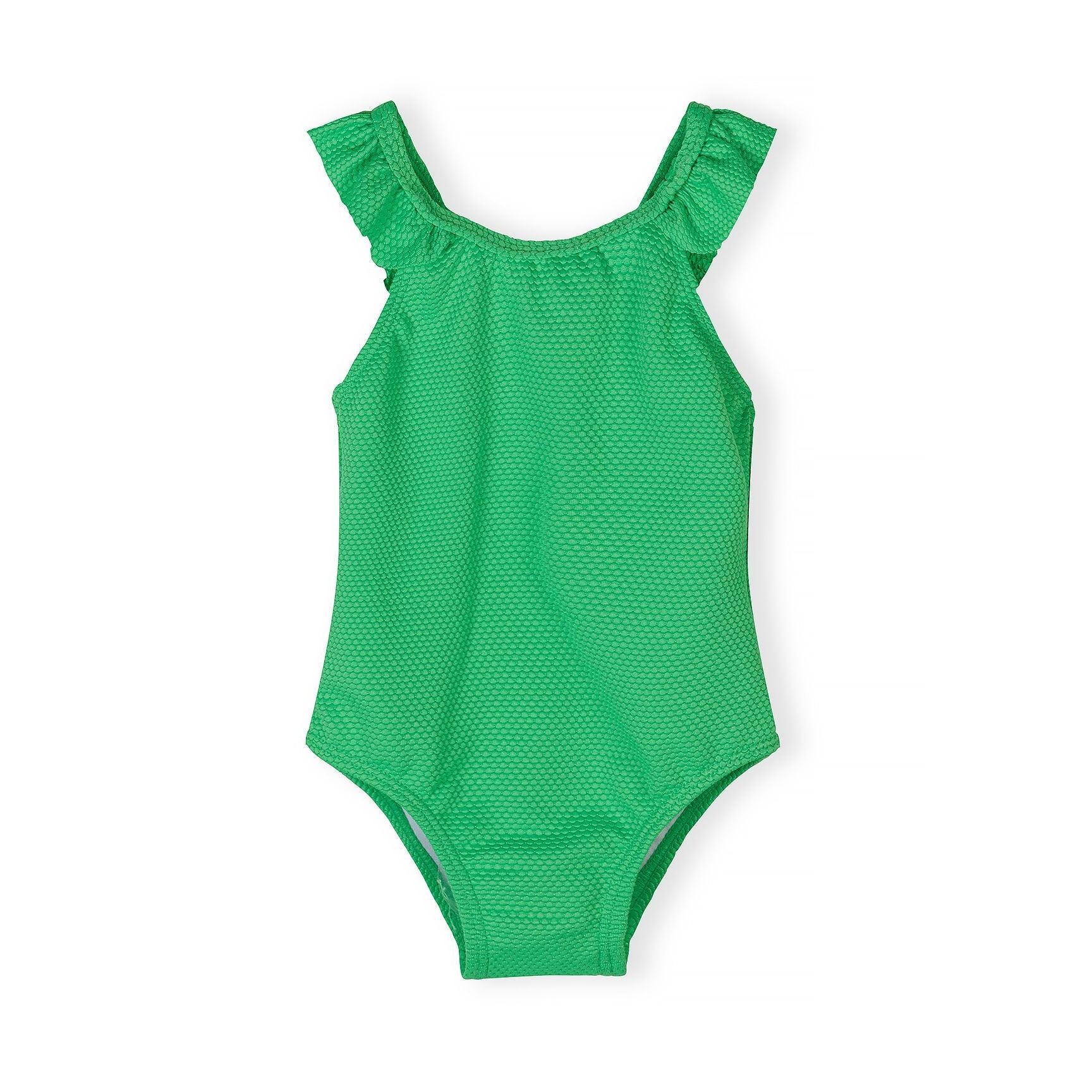 Back view of neon green swimsuit showing decorative bow detail and cut-out design with ruffle straps