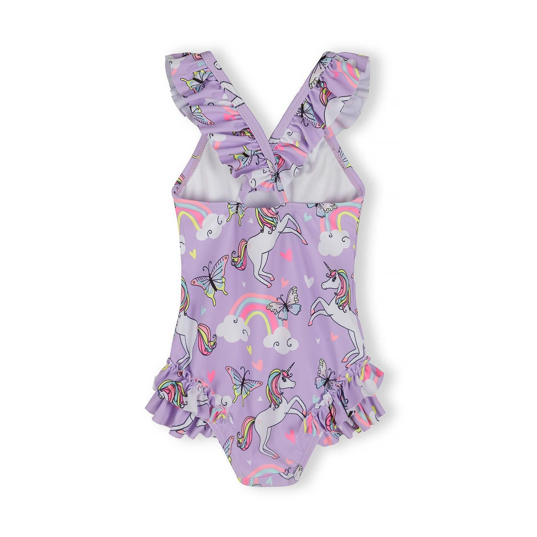 Front view of lilac unicorn swimsuit showing colorful print with rainbows and butterflies, ruffle shoulder straps