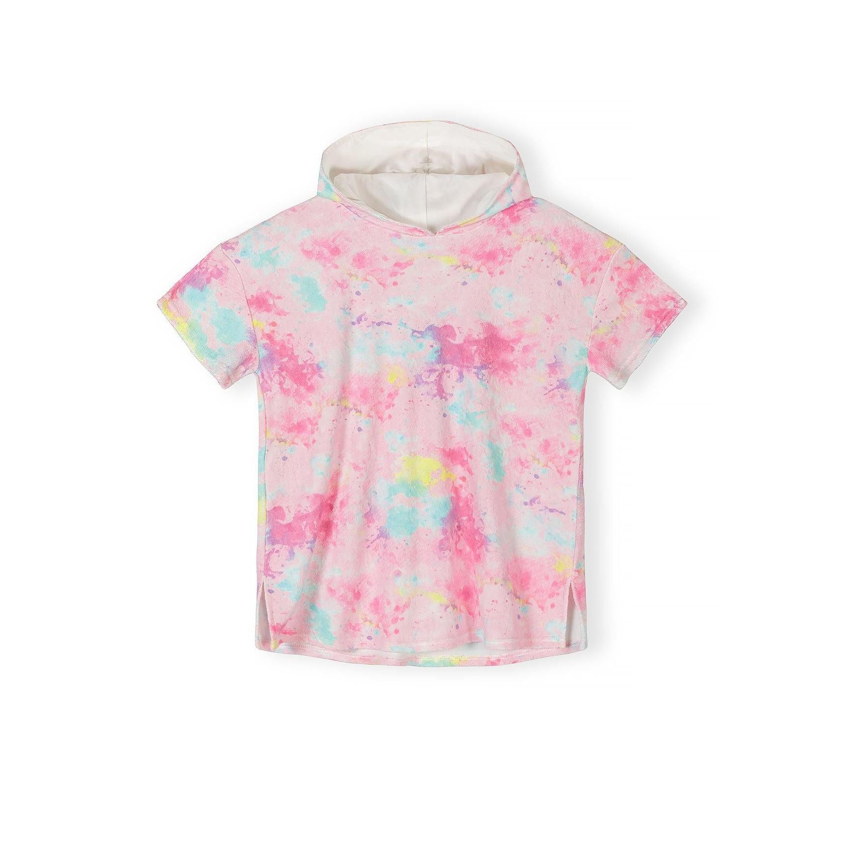 Front view of tie-dye pink towelling hooded cover-up with short sleeves and white hood lining against white background
