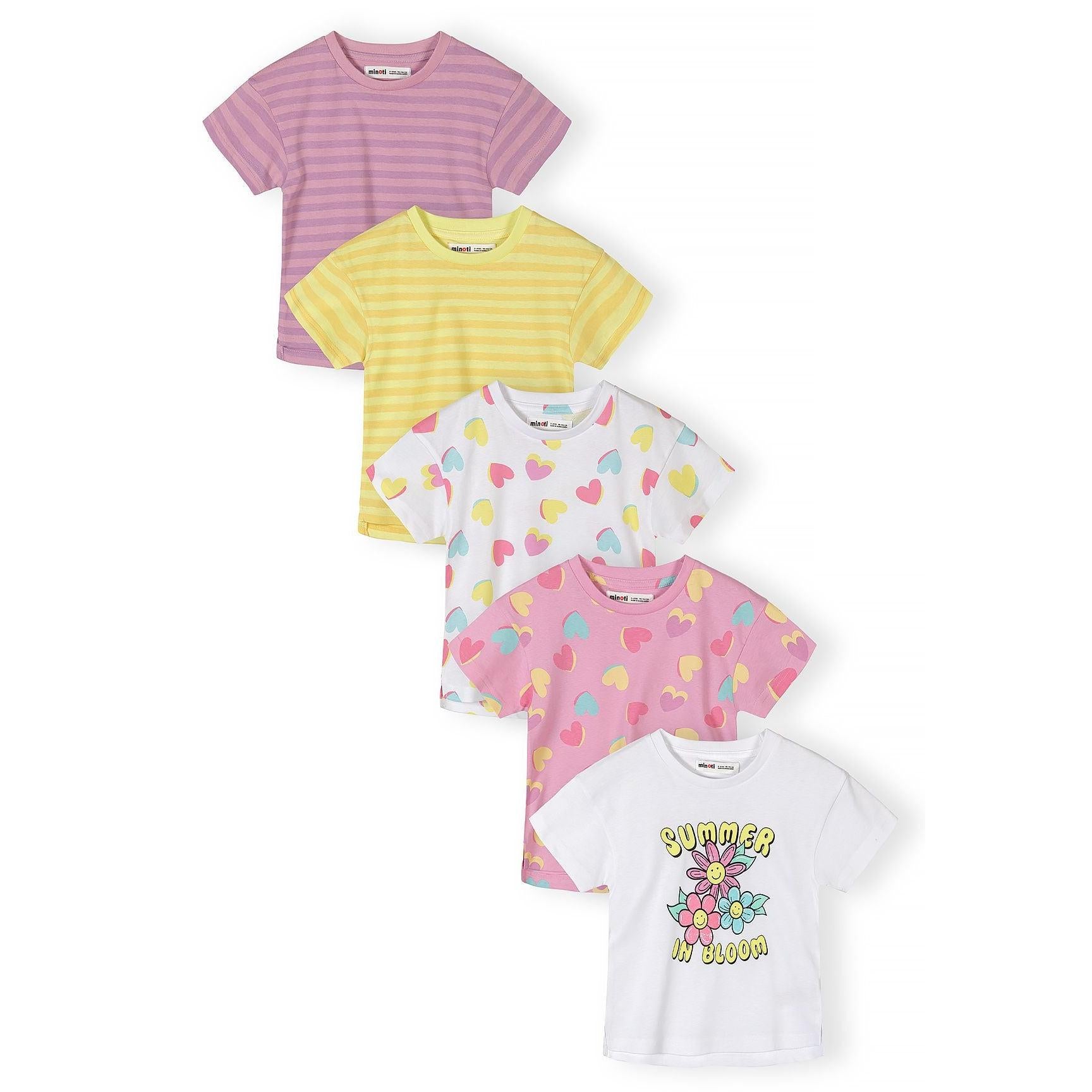 Flat lay of white cotton t-shirt with colourful heart print pattern in pink, yellow and blue hearts scattered across the fabric
