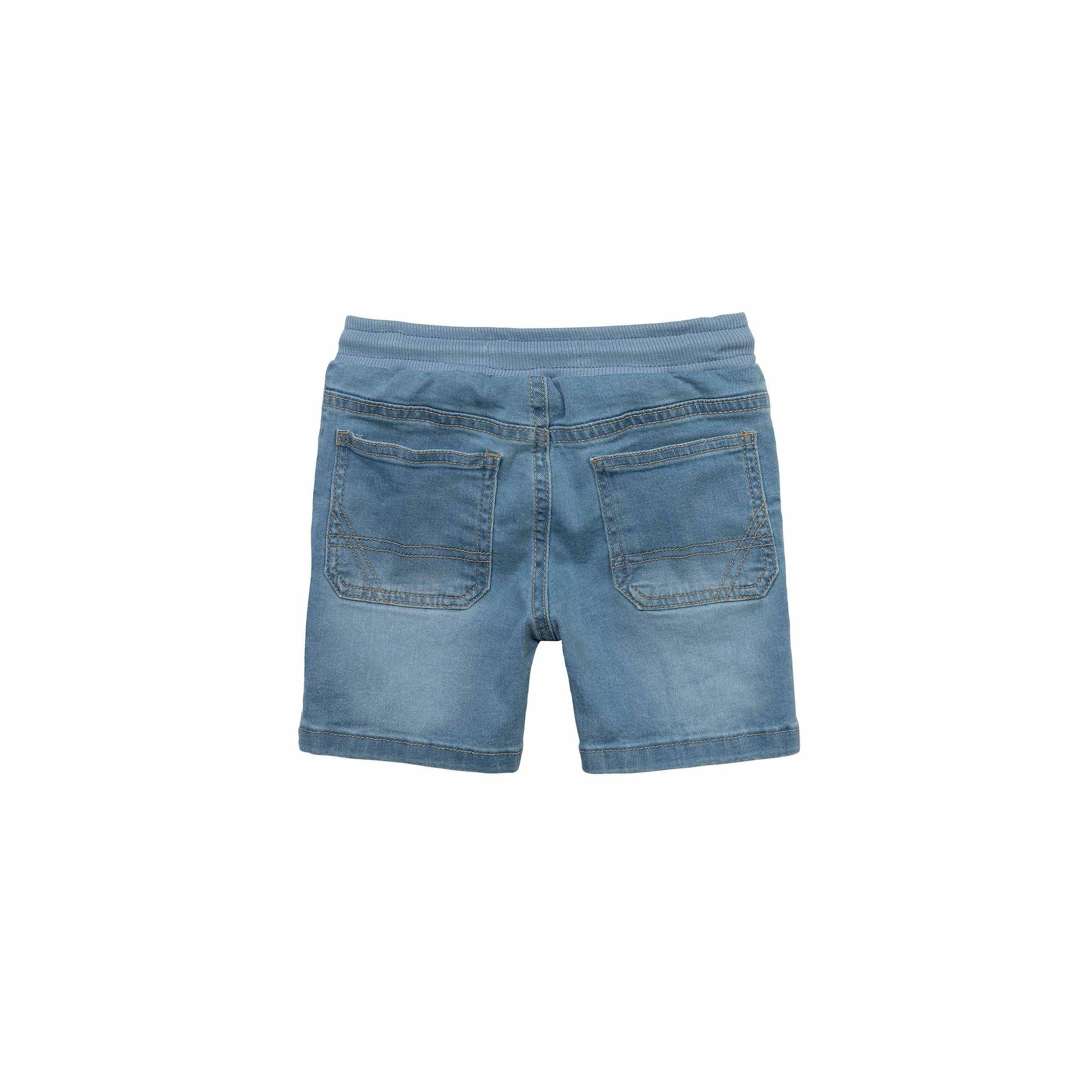 Back view of light blue denim shorts showing two patch pockets and rolled hem detail against white background