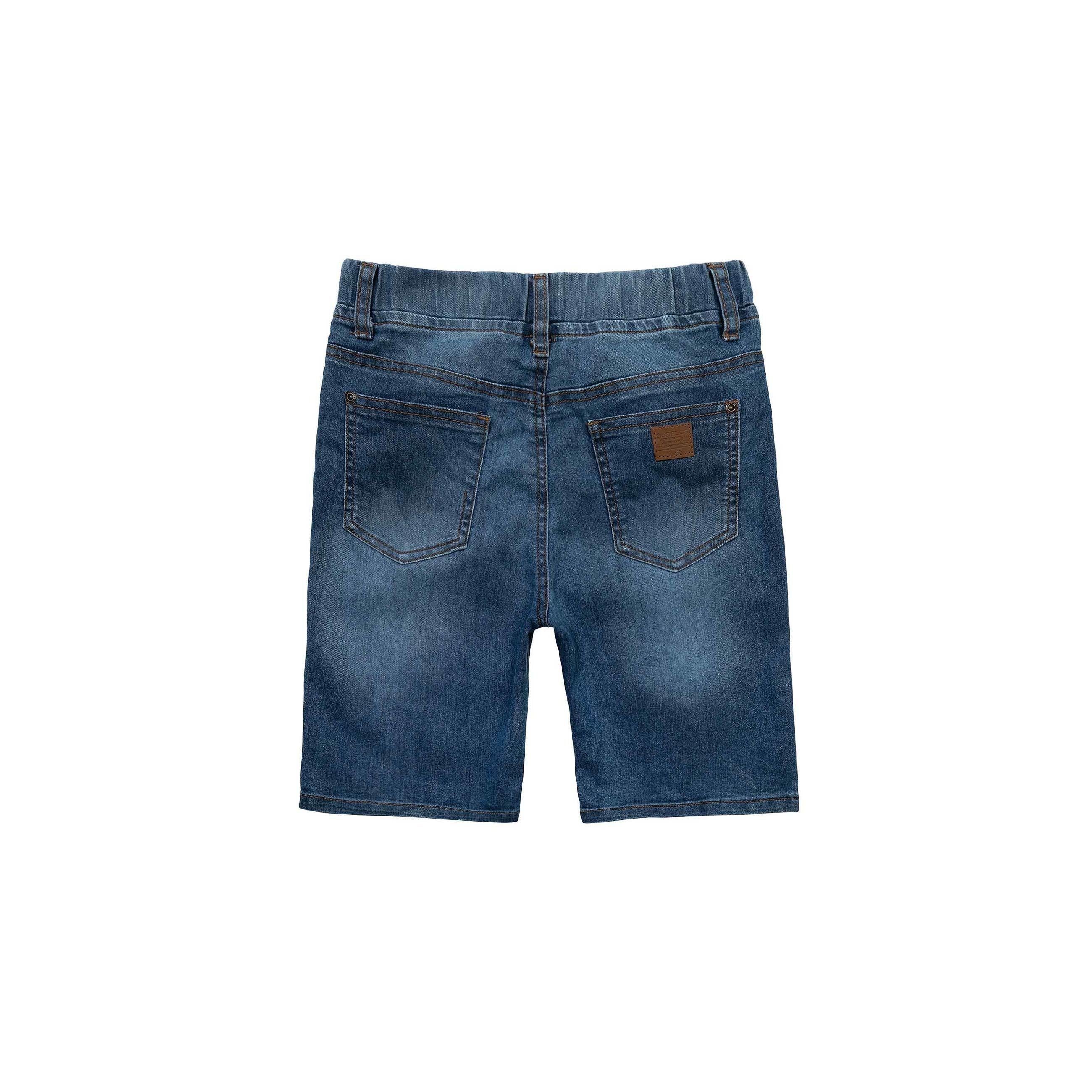 Back view of light blue denim shorts showing rear pockets and brand label on white background