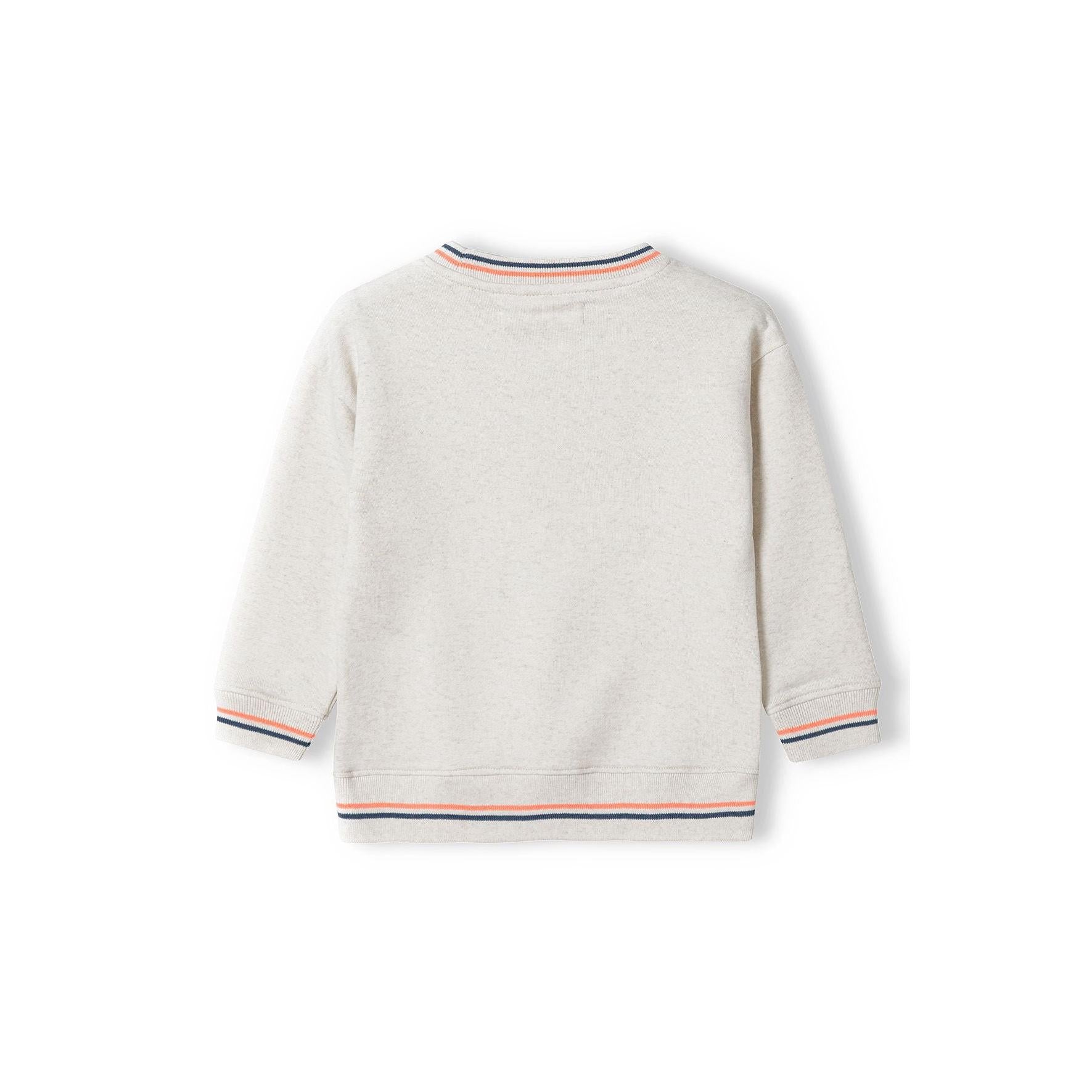 Back view of beige crew sweatshirt showing contrast tipping details on neckline, cuffs and hem, displayed flat on white background