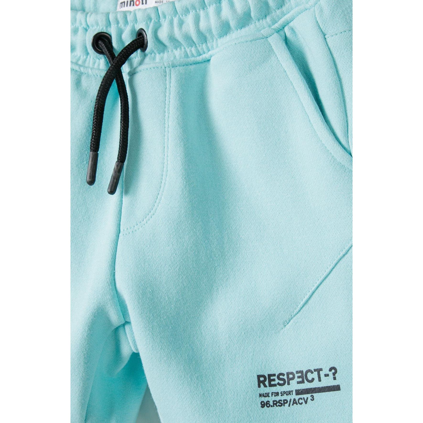 Close-up detail of turquoise fleece shorts showing drawcord waistband with black cord, side pocket and RESPECT-? branding print