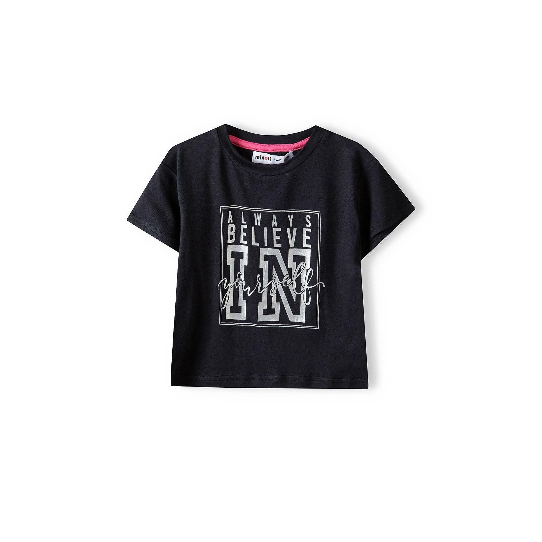 Black cropped sports t-shirt with white 'Always Believe In Yourself' print laid flat on white background showing front view