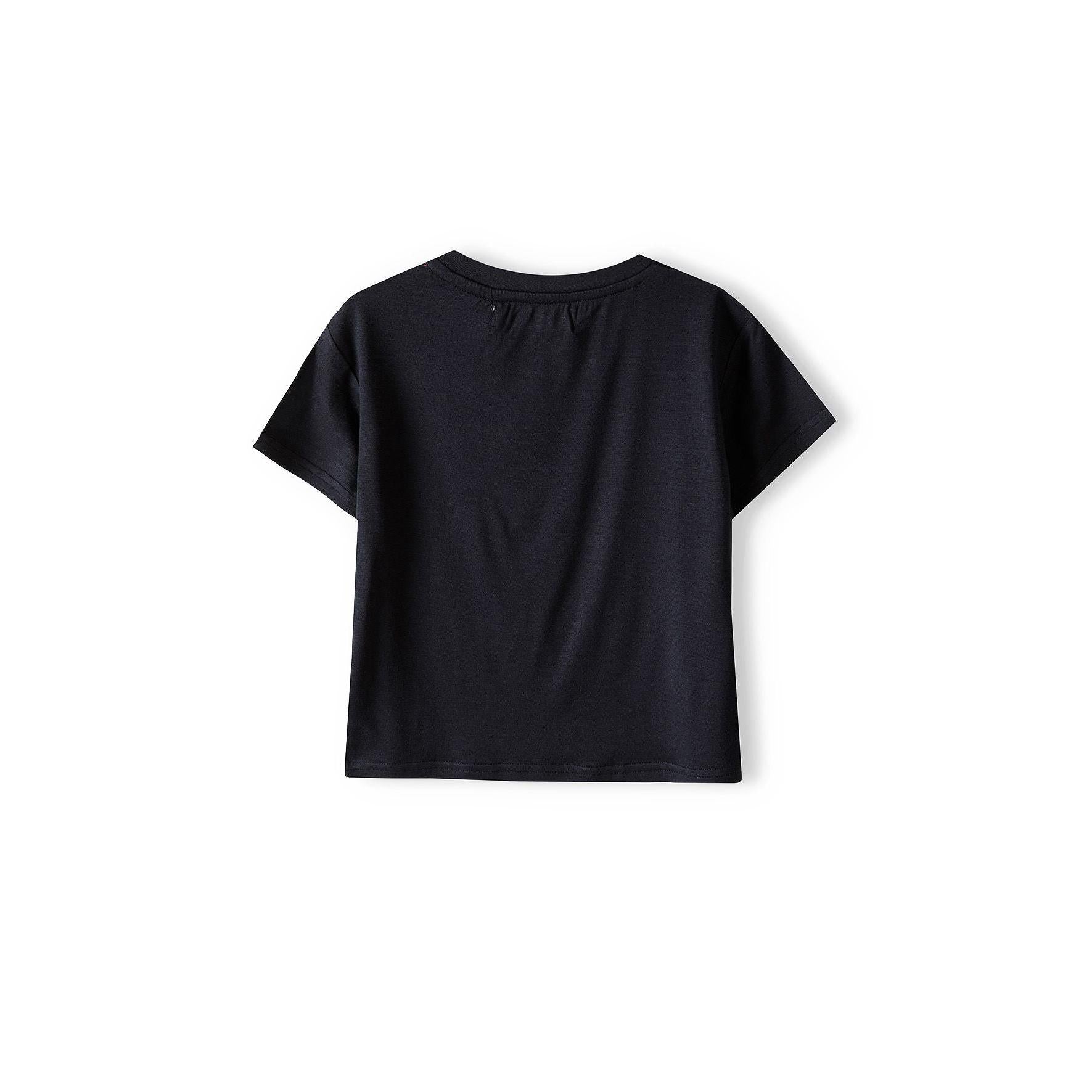 Black cropped sports t-shirt laid flat showing plain back view on white background