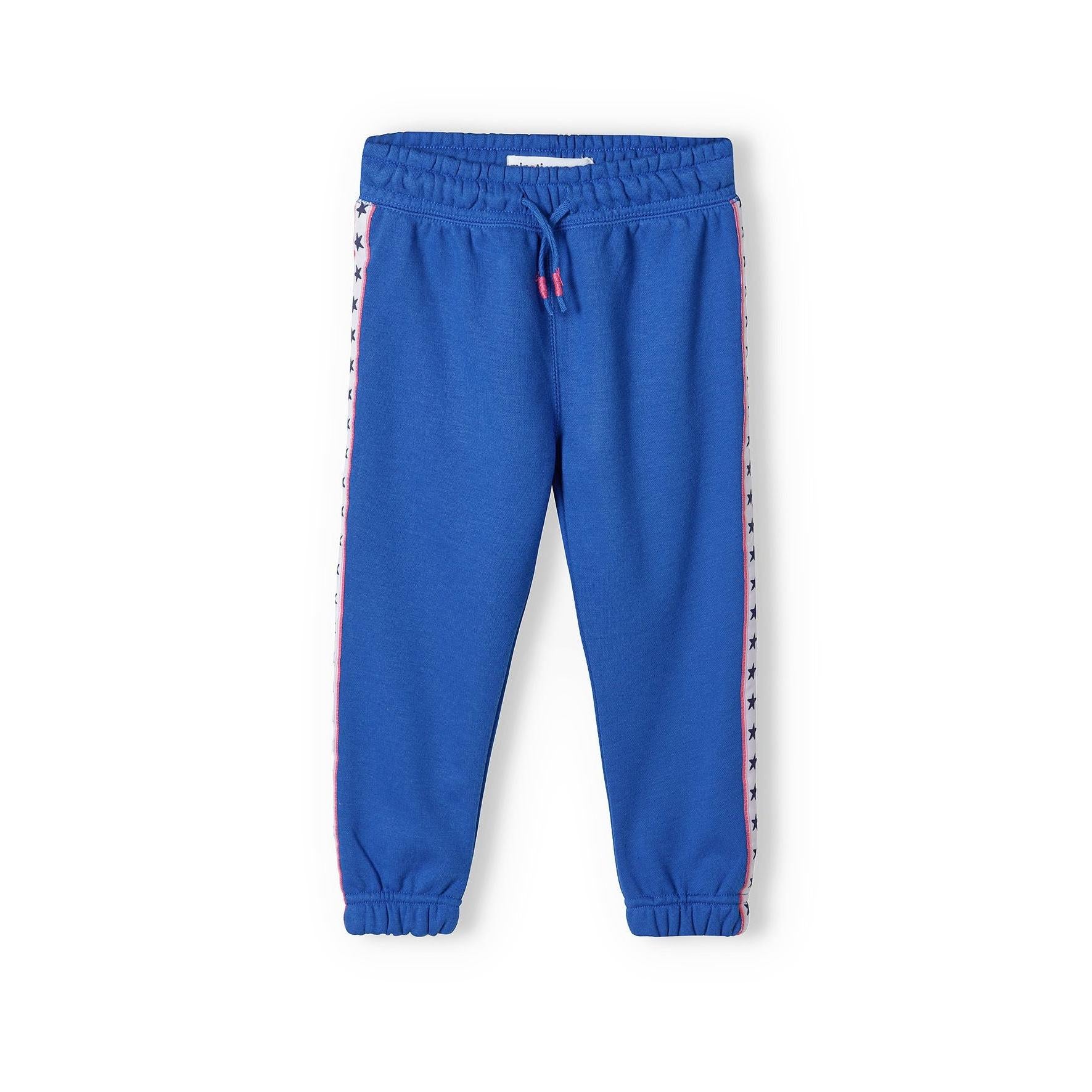 Blue fleece joggers laid flat showing elastic waistband and cuffed ankles against white background