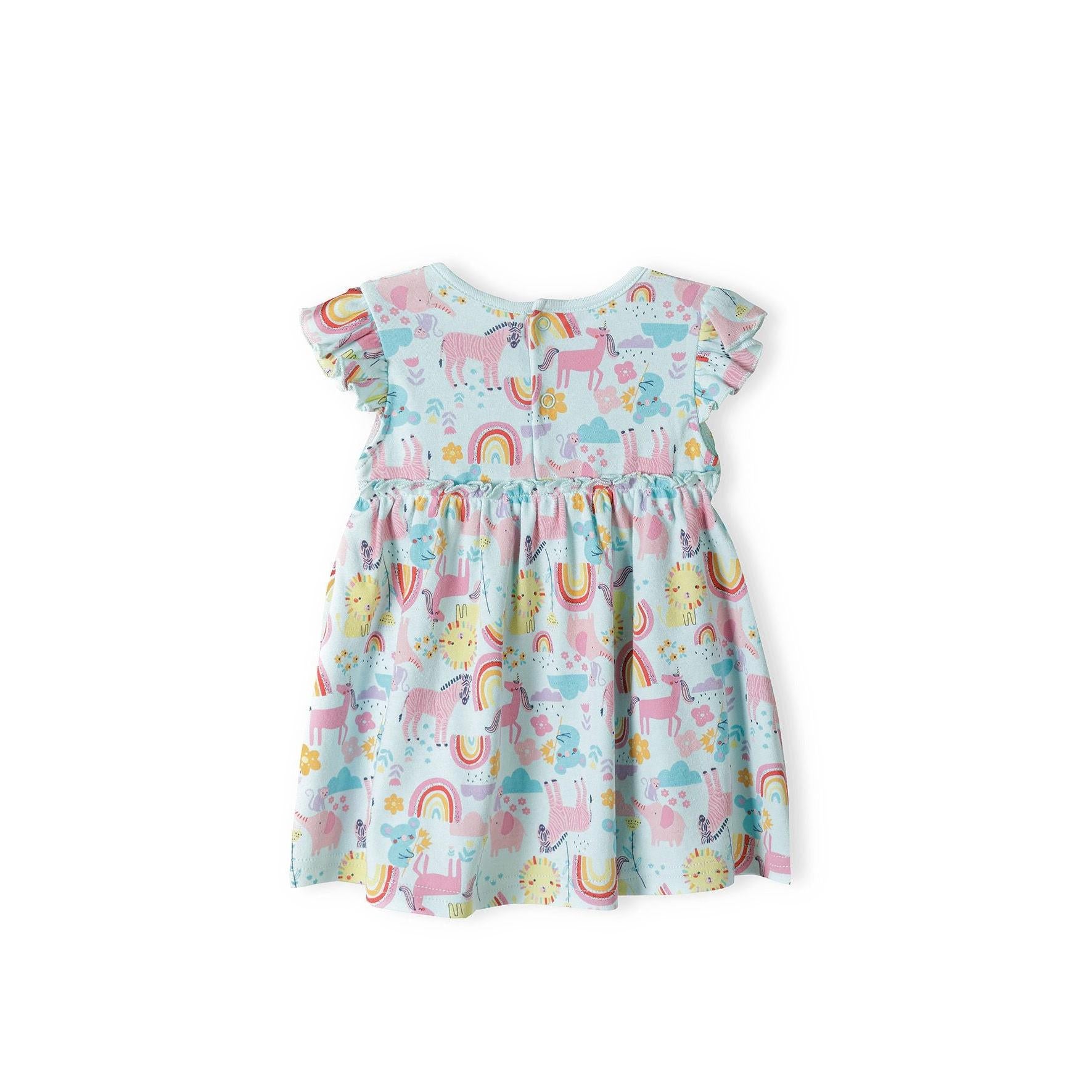 Back view of turquoise bodysuit dress showing continued unicorn print pattern and frill sleeve detail against white background