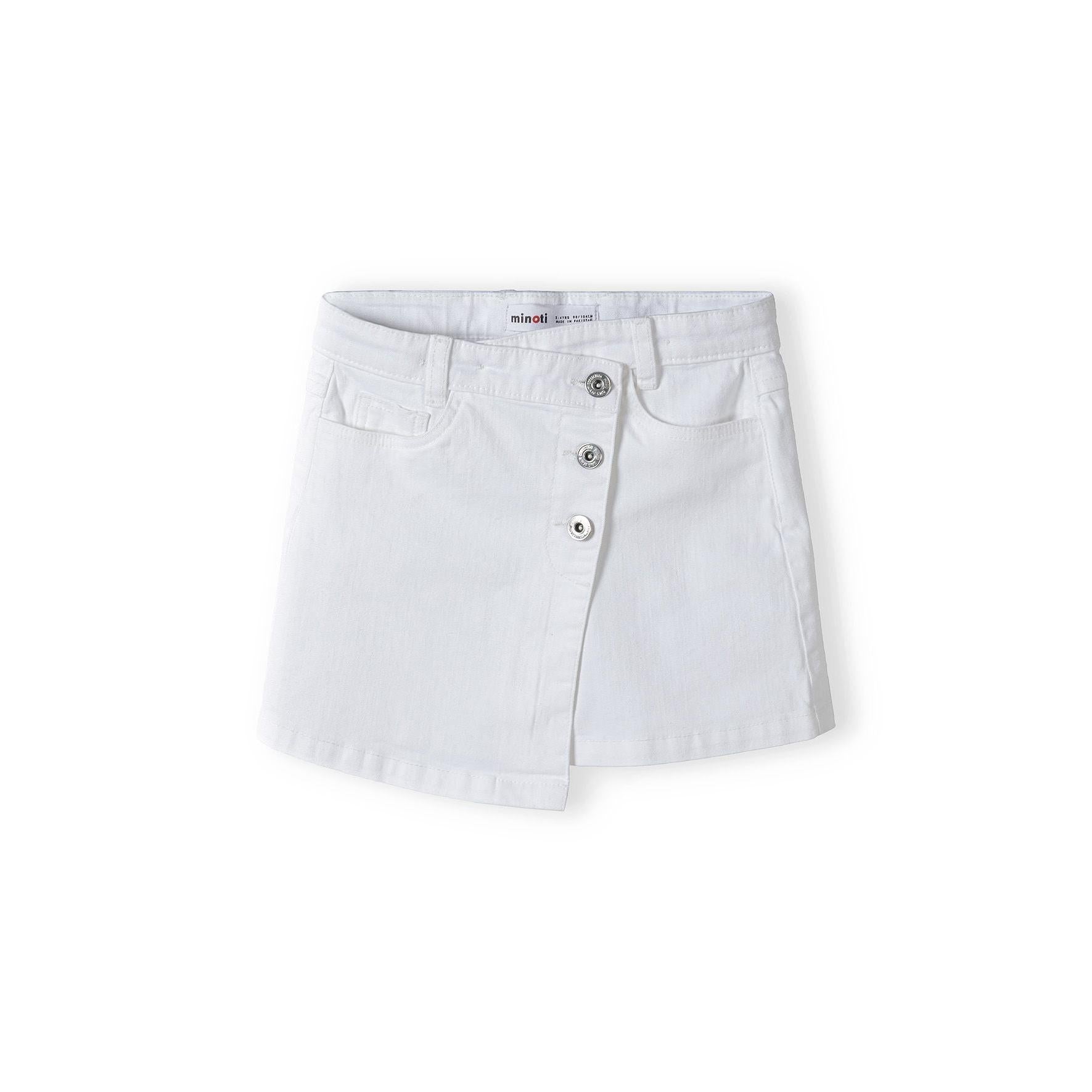 White twill skirt with asymmetric hem and button front closure, shown flat against white background