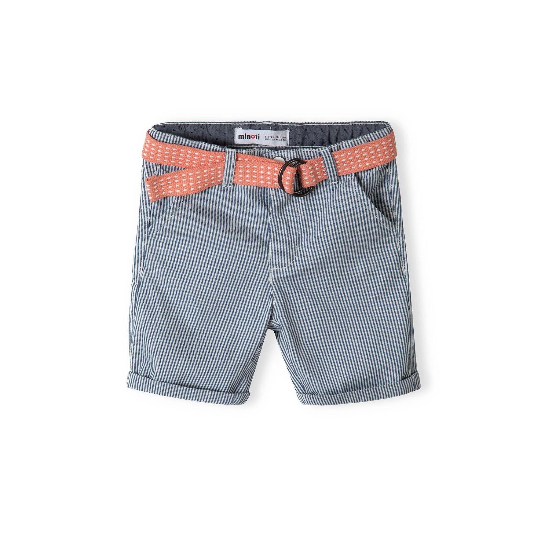 Blue striped cotton chino shorts with coral canvas belt on white background, front view showing rolled hems and classic fit