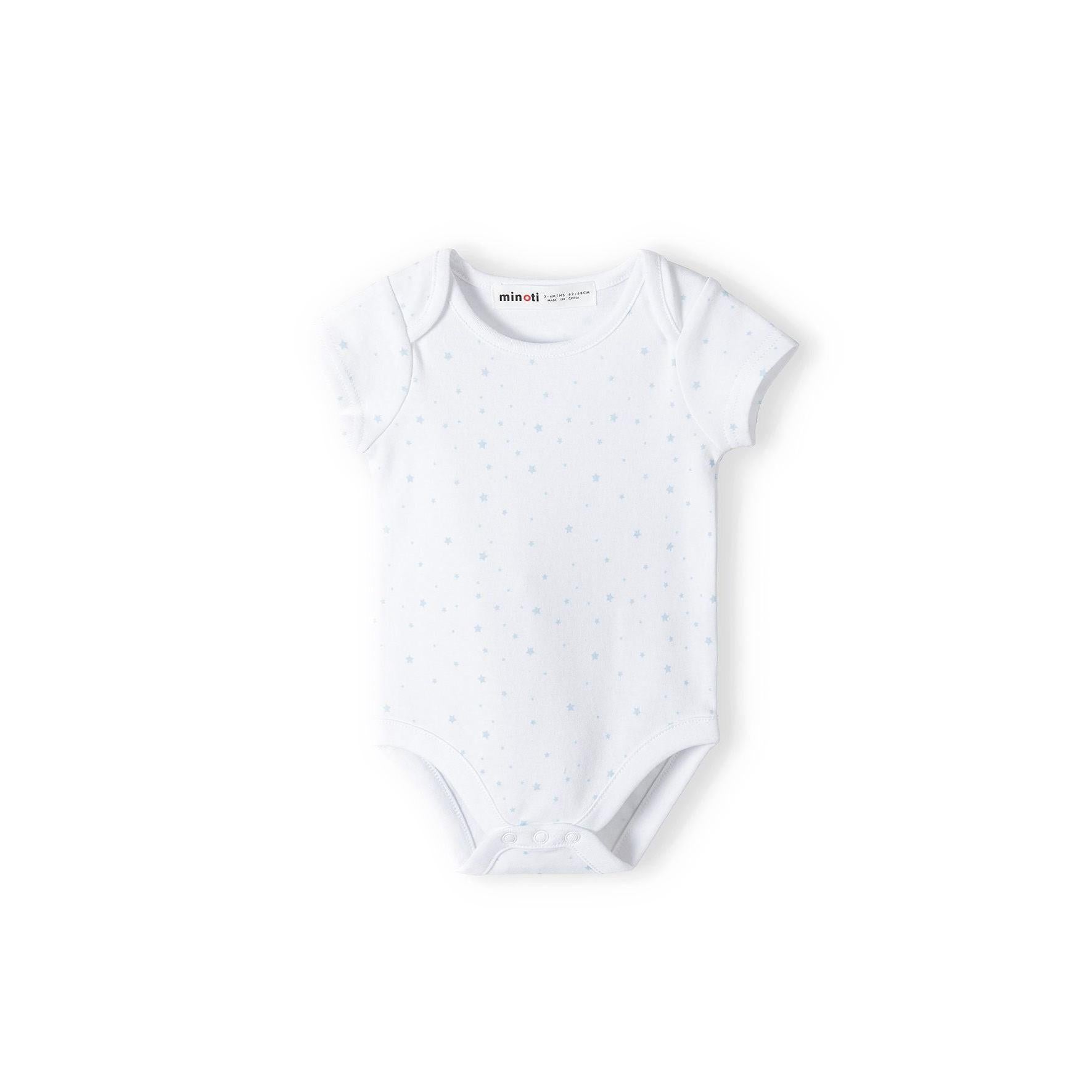 White baby bodysuit with small blue star pattern displayed flat on white background showing back view with short sleeves