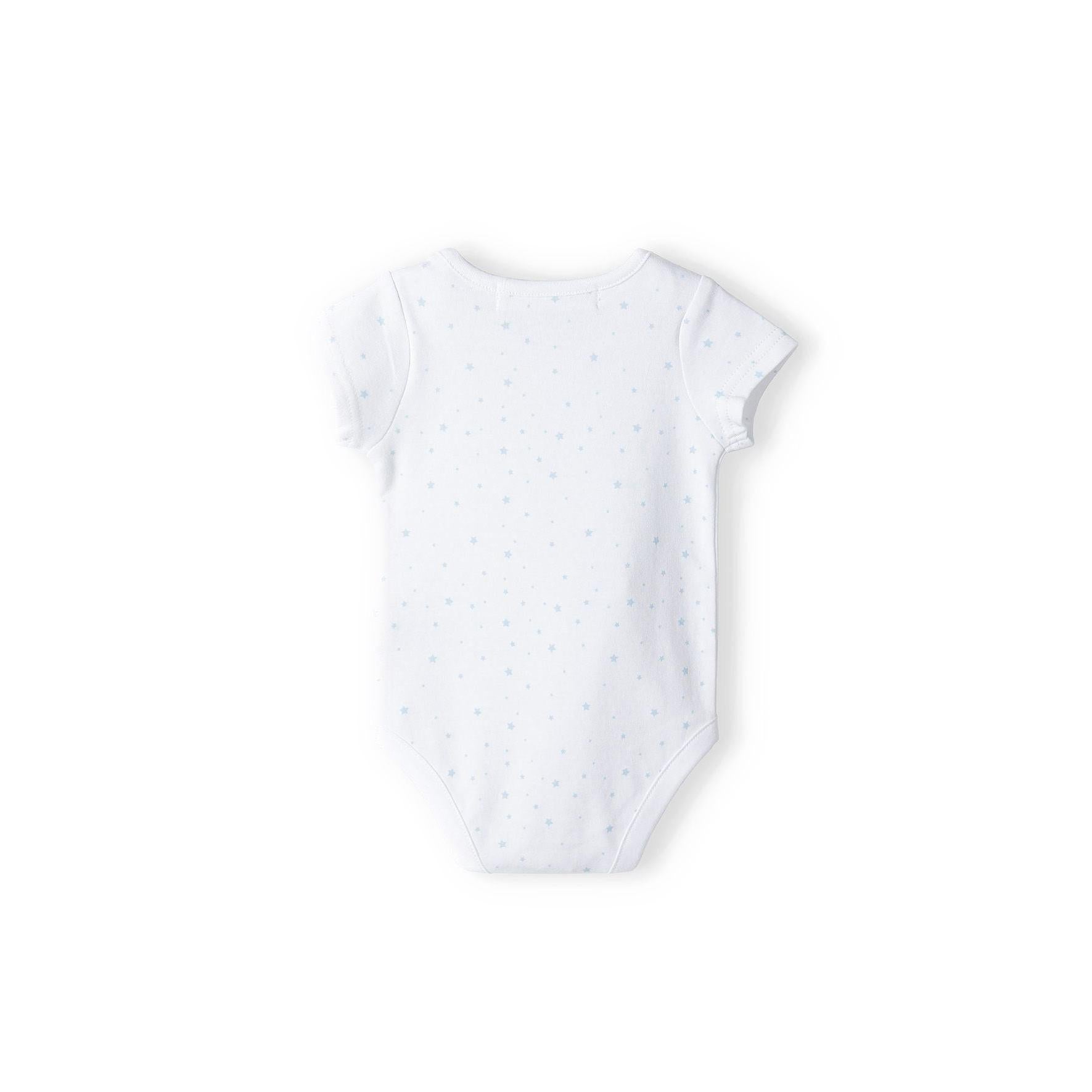 White baby bodysuit with small blue star pattern displayed flat on white background showing back view with short sleeves