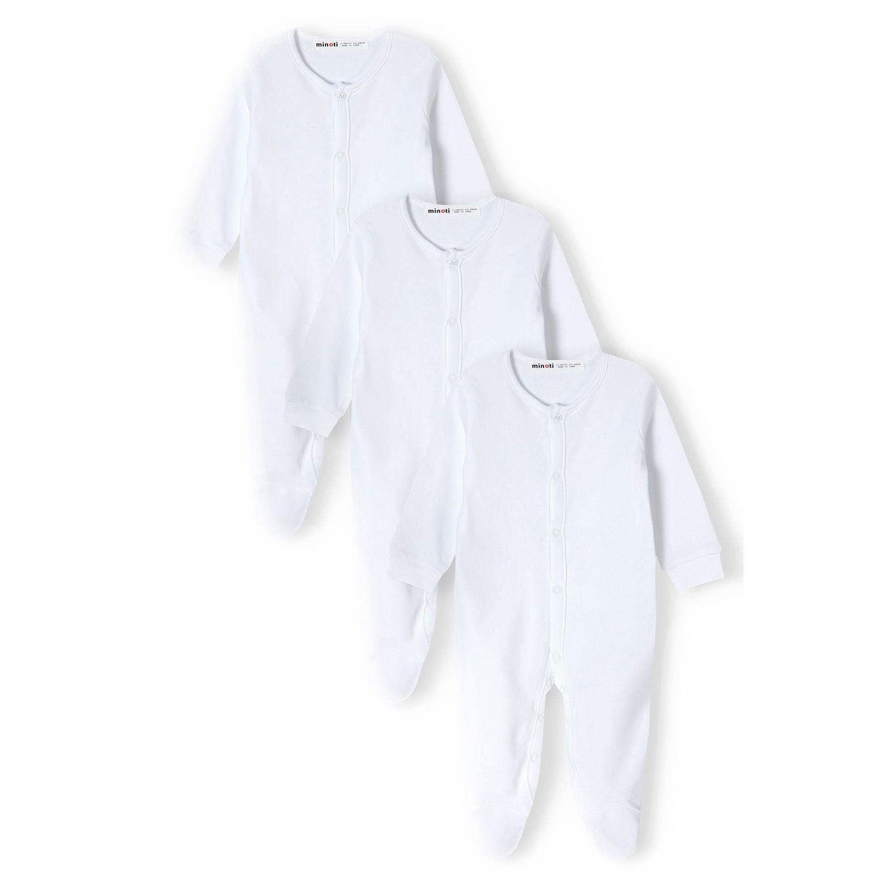 Three white cotton baby sleepsuits with long sleeves arranged overlapping on white background, showing front view with popper fastenings