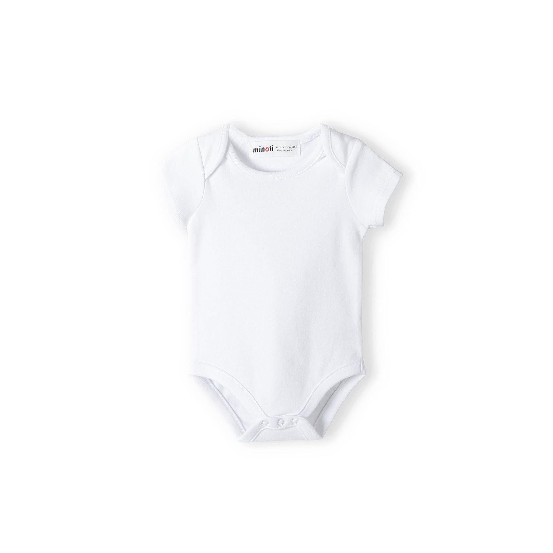White short sleeve cotton bodysuit laid flat against white background showing Minoti brand label at neckline