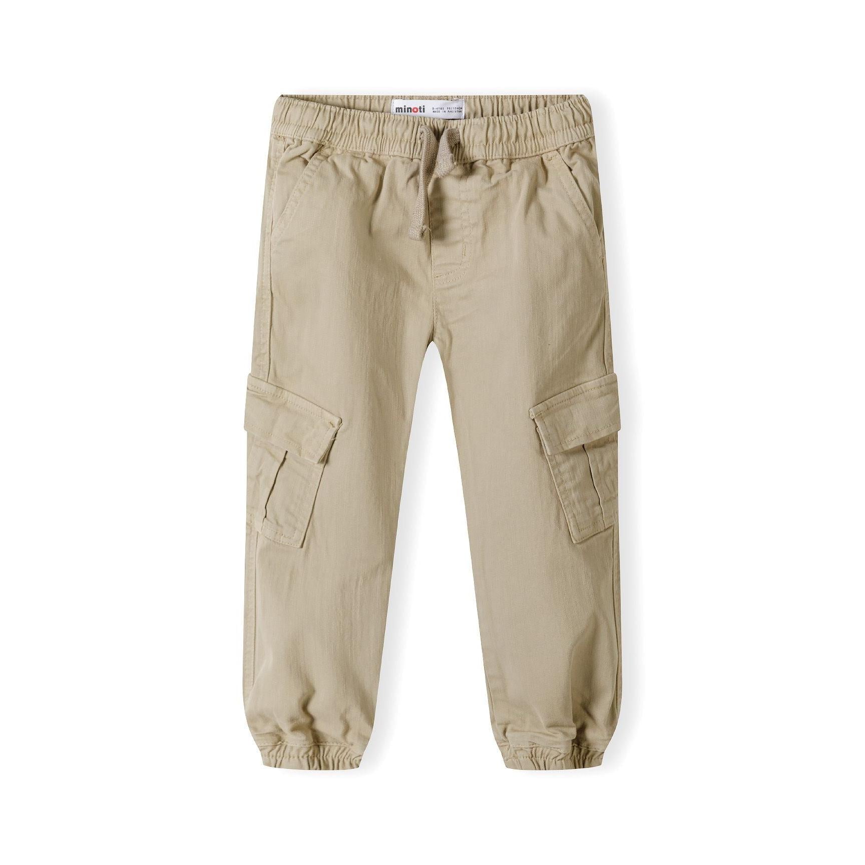 Front view of beige cargo trousers with elasticated waist, drawstring and side cargo pockets on white background