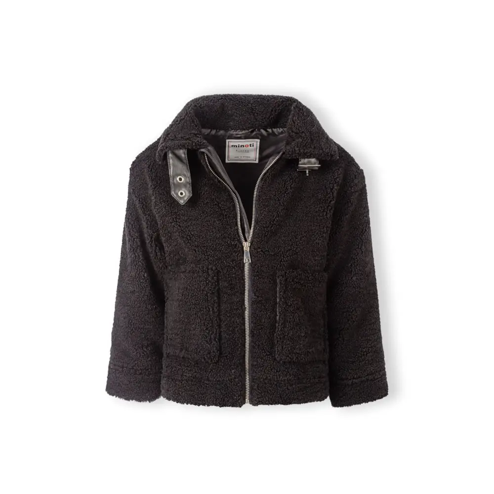 Black teddy borg jacket front view on white background showing zip closure, hood, and chest pockets with Minoti label visible