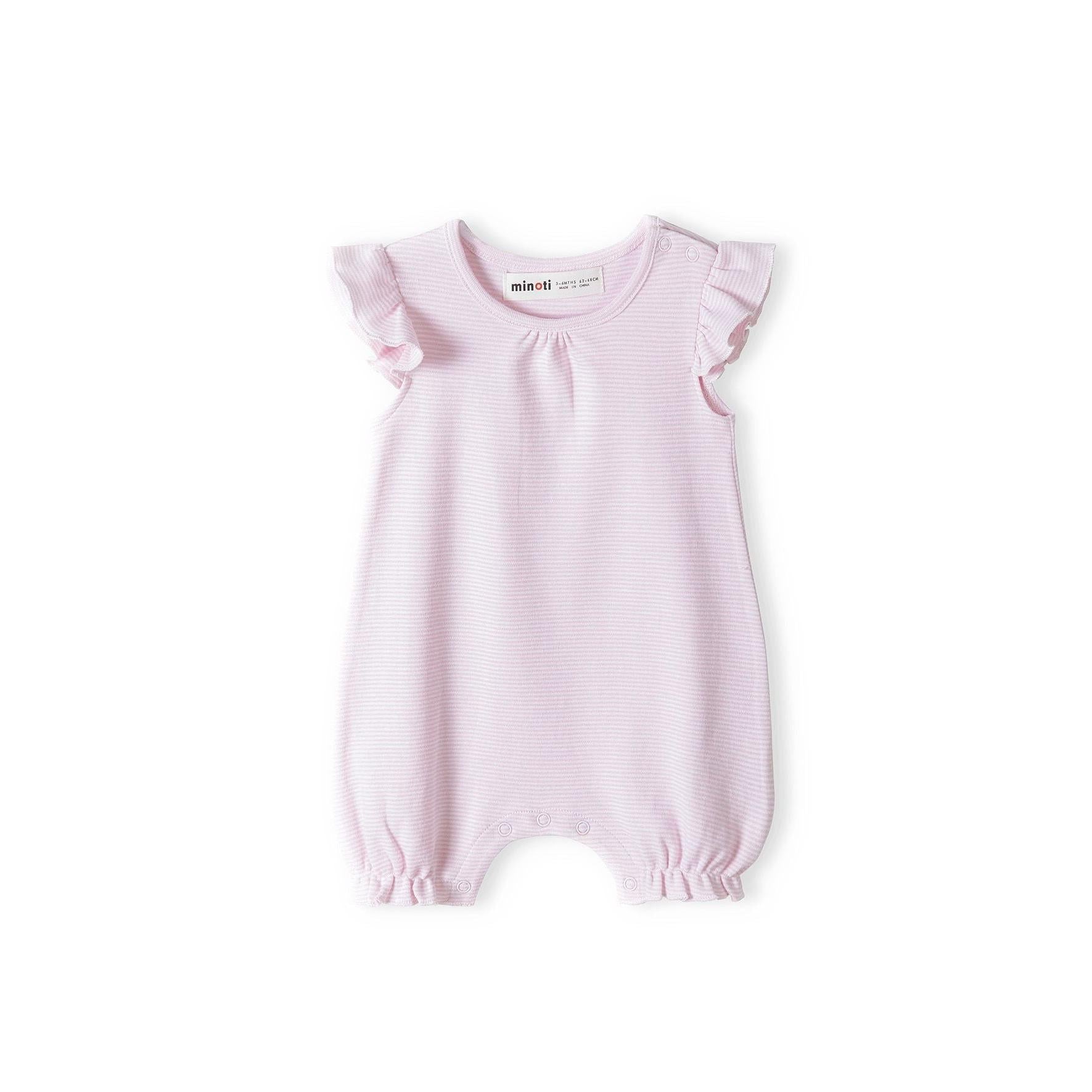 Back view of pink striped romper with subtle horizontal stripes, flutter sleeves and elastic leg openings on white background