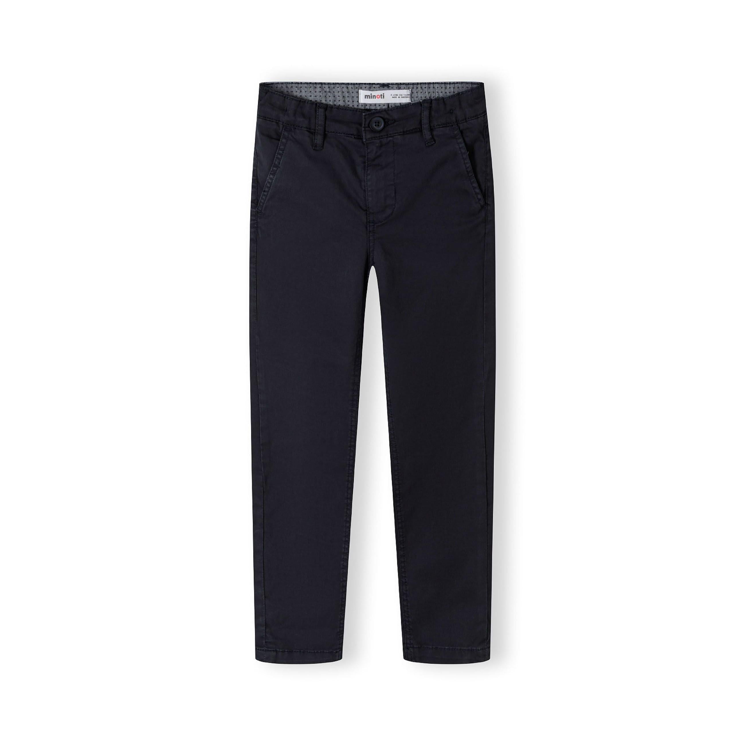 Back view of navy chino trousers showing rear pockets and tailored fit on white background