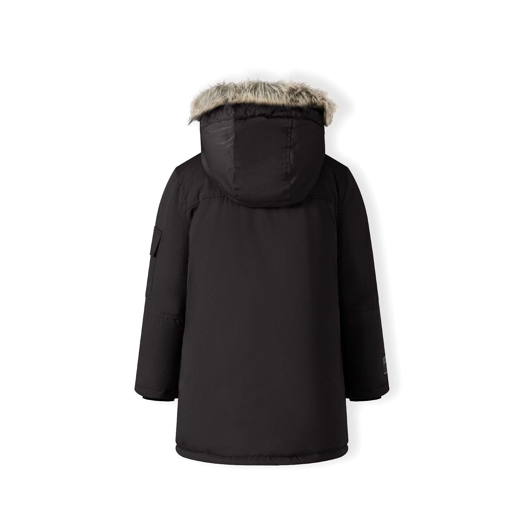 Close-up detail of black parka hood with grey faux fur trim showing attachment buttons and fabric texture