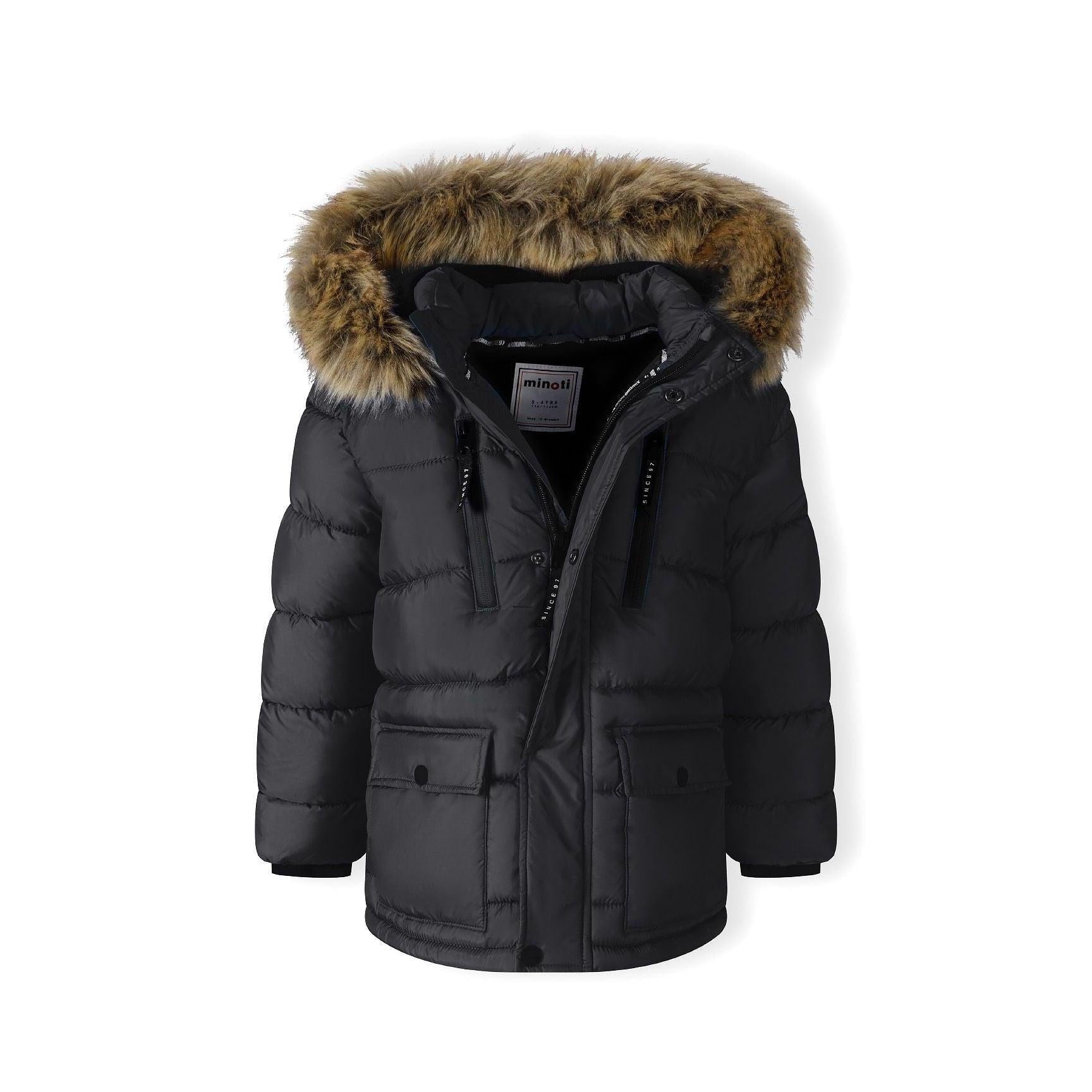 Black quilted parka jacket laid flat showing detachable faux fur hood, multiple pockets and Minoti label inside collar
