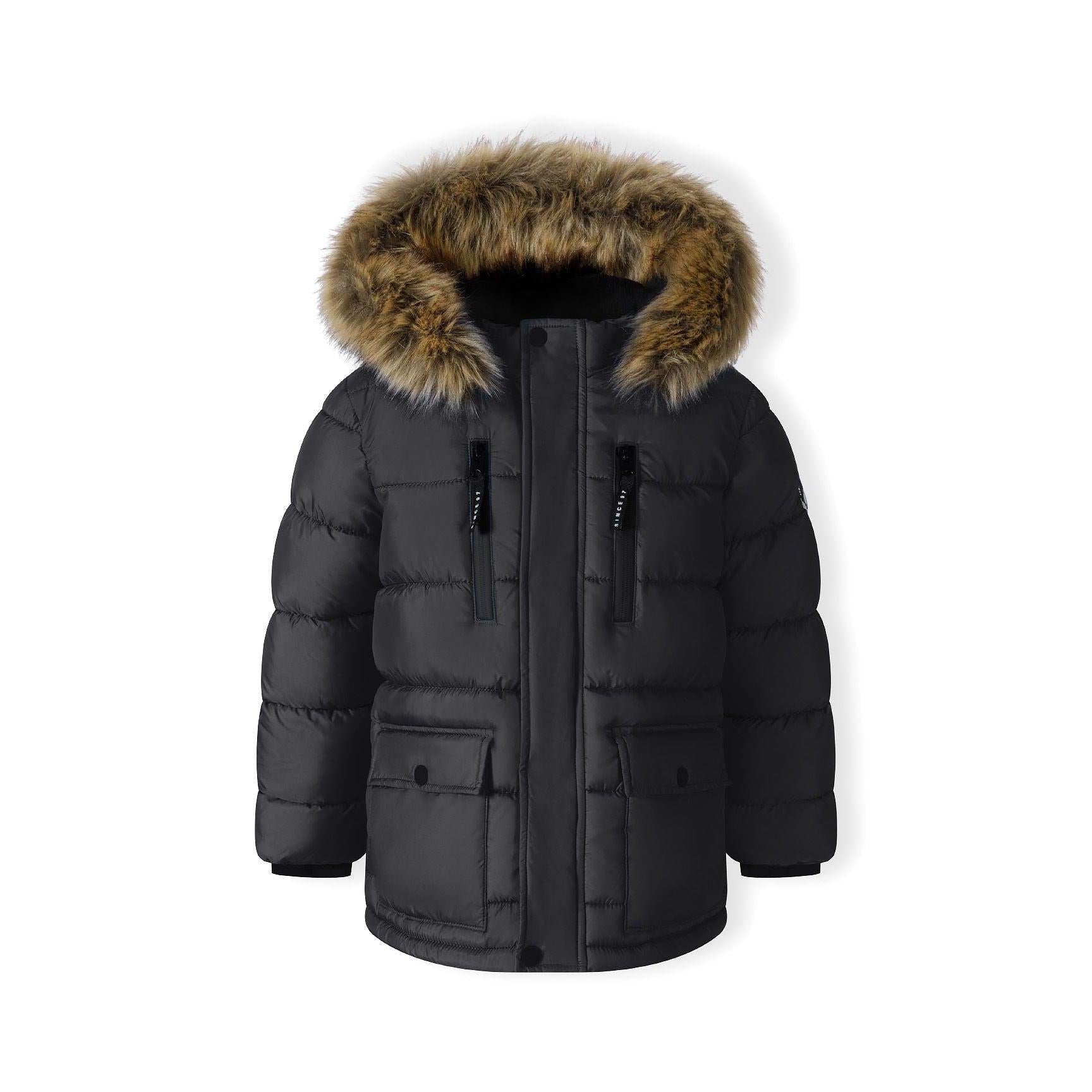 Black quilted parka jacket laid flat showing detachable faux fur hood, multiple pockets and Minoti label inside collar