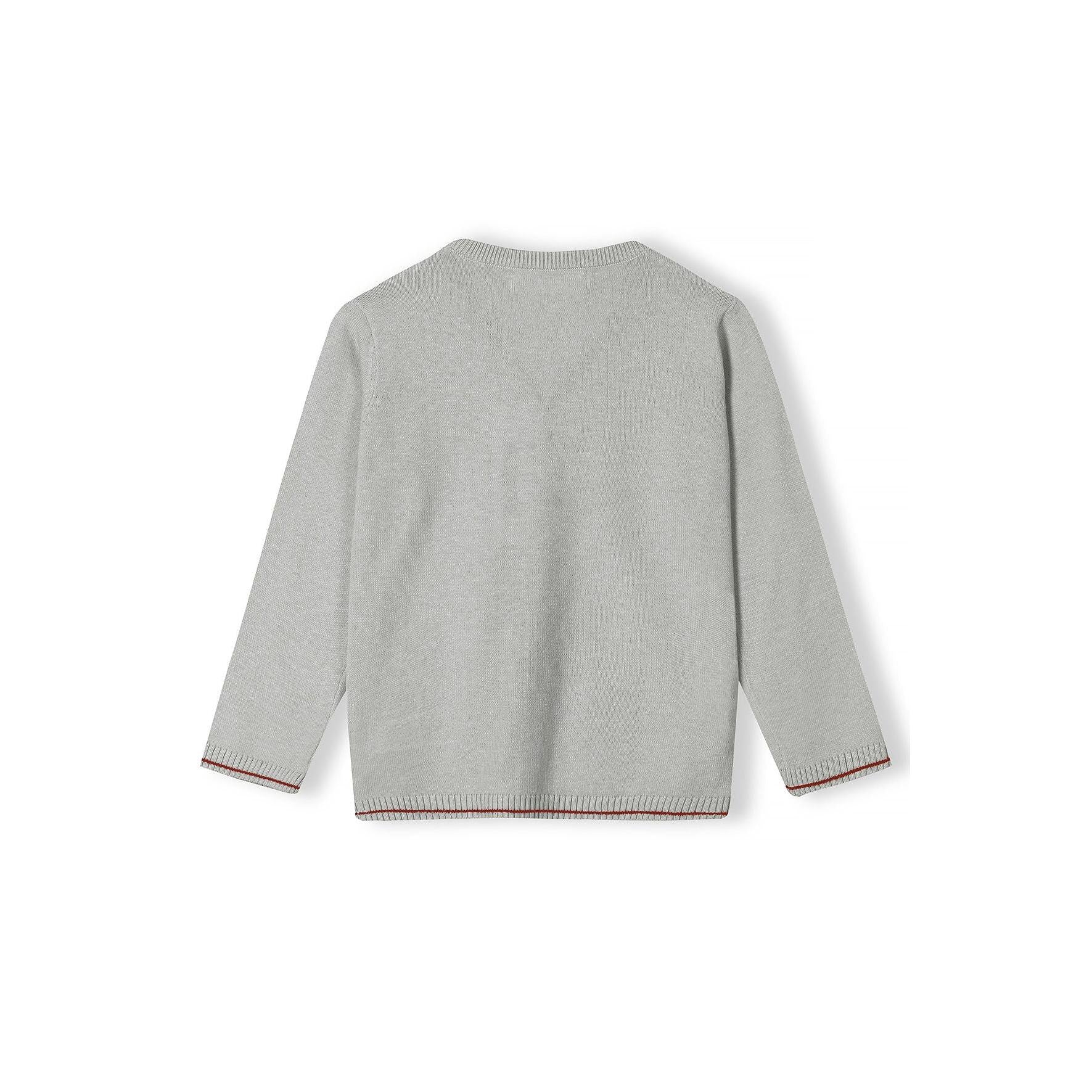 Back view of grey knitted cardigan showing plain design and ribbed hem trim, displayed flat on white background