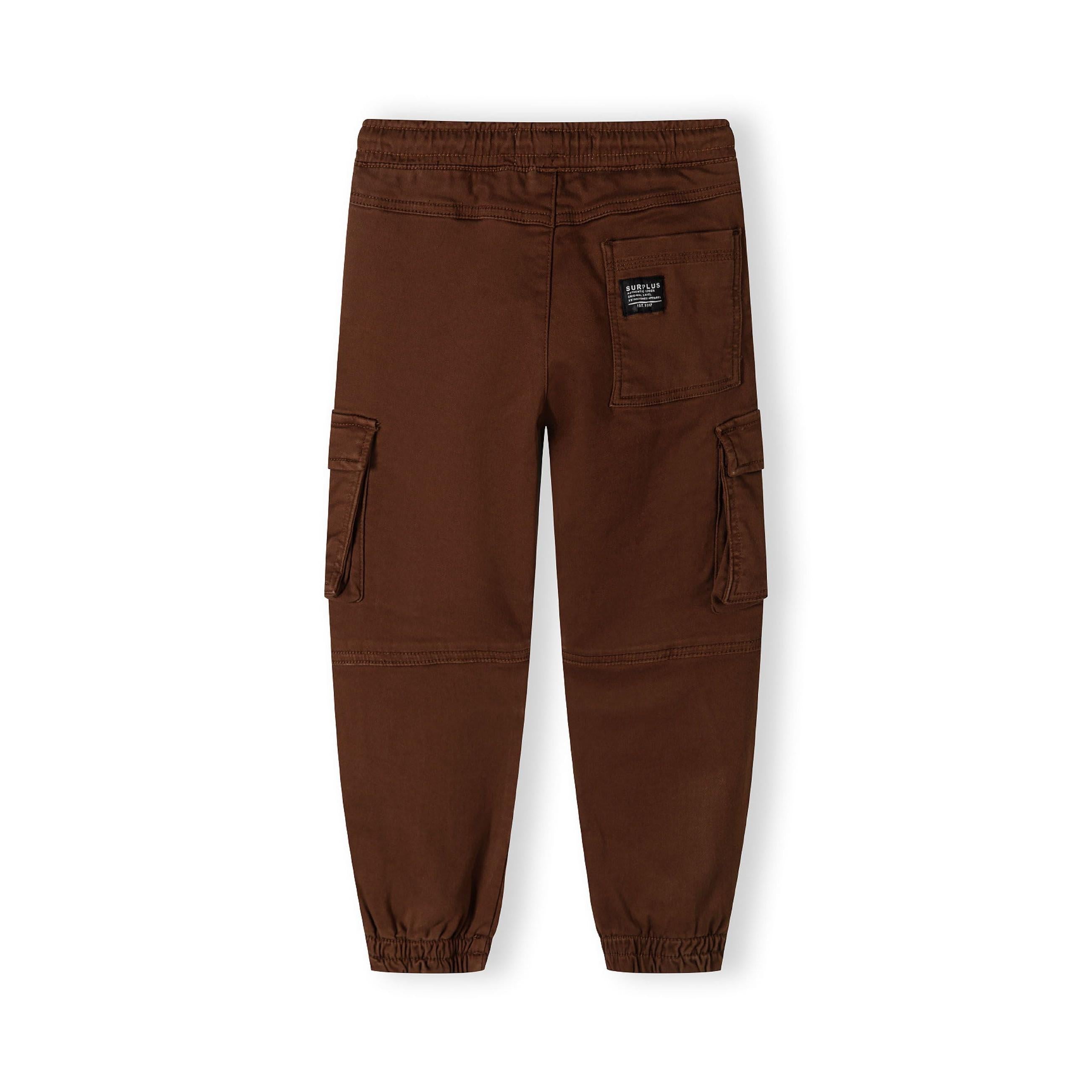 Back view of brown cargo trousers showing elasticated waistband, cargo pockets and brand label detail