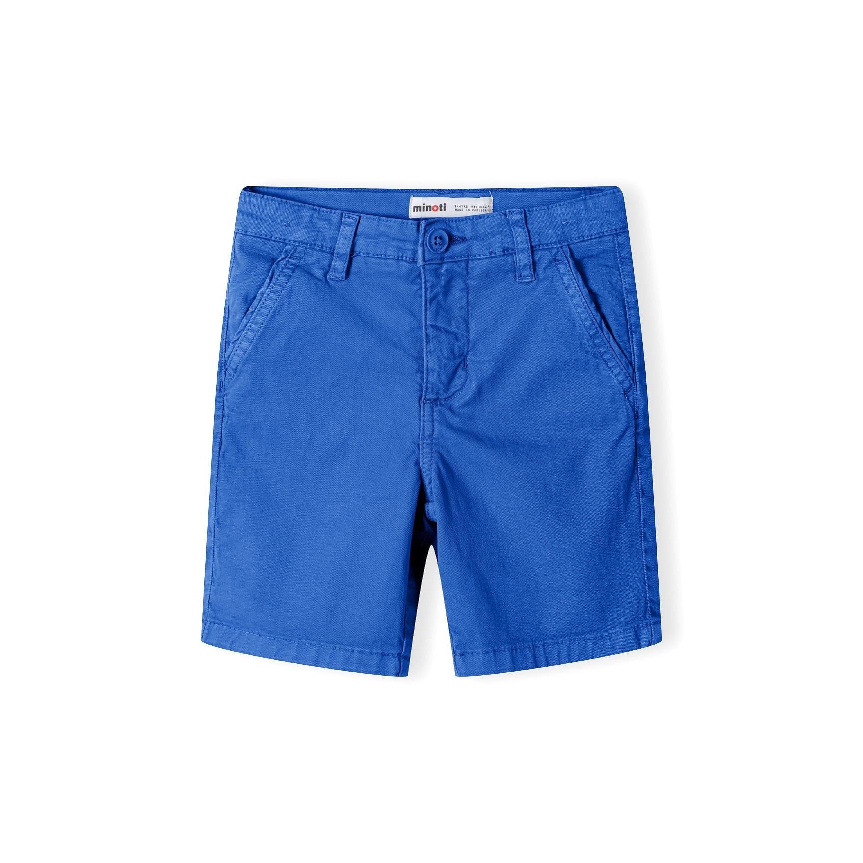 Front view of cobalt blue chino shorts with turn-up hems, zip fly, button fastening and front pockets on white background