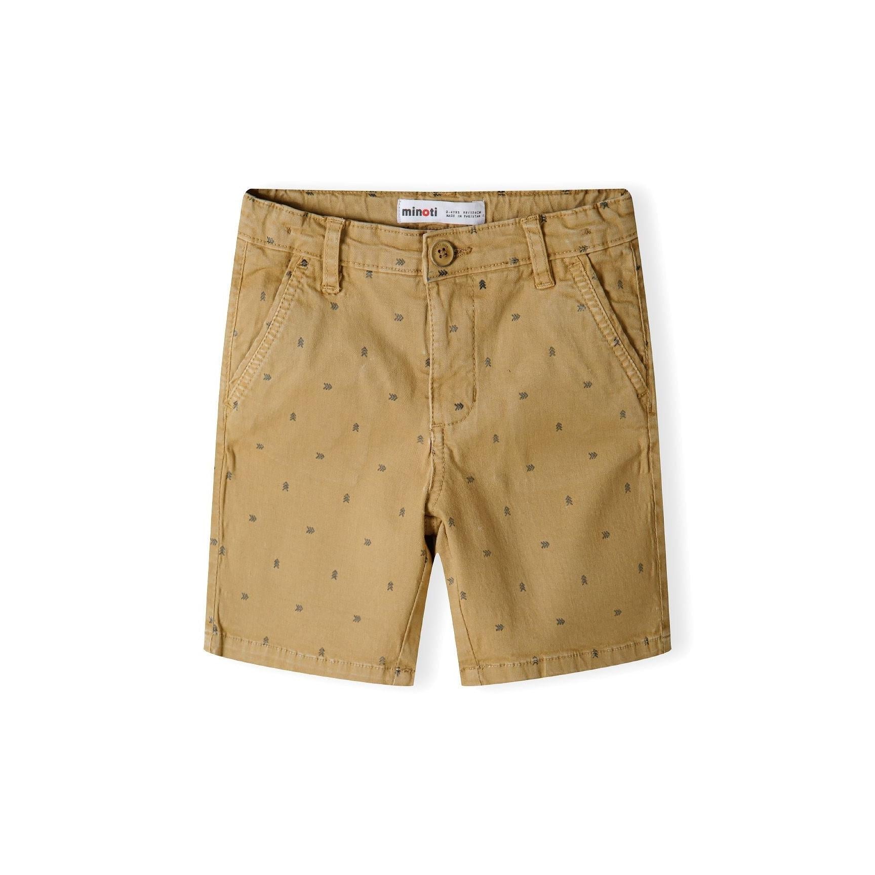 Back view of beige chino shorts with all-over small print pattern and turn-up hems on white background