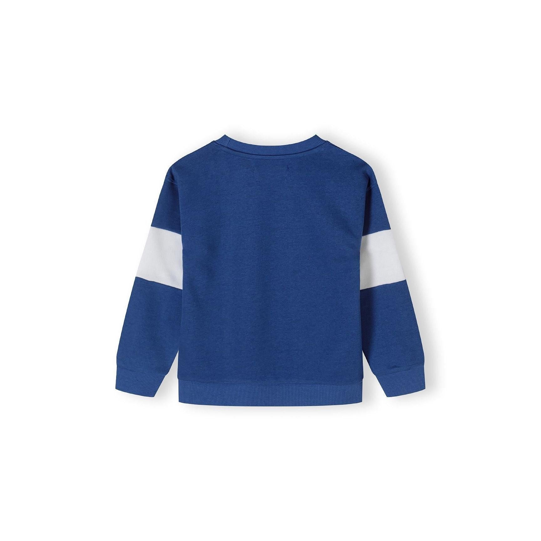 Back view of cobalt blue sweatshirt laid flat showing plain design with white contrast panels on sleeves and ribbed collar and cuffs