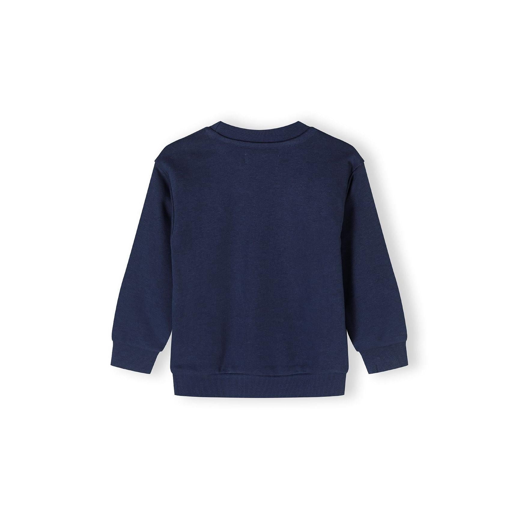 Back view of navy crew neck sweatshirt showing plain design with ribbed cuffs and hem on white background