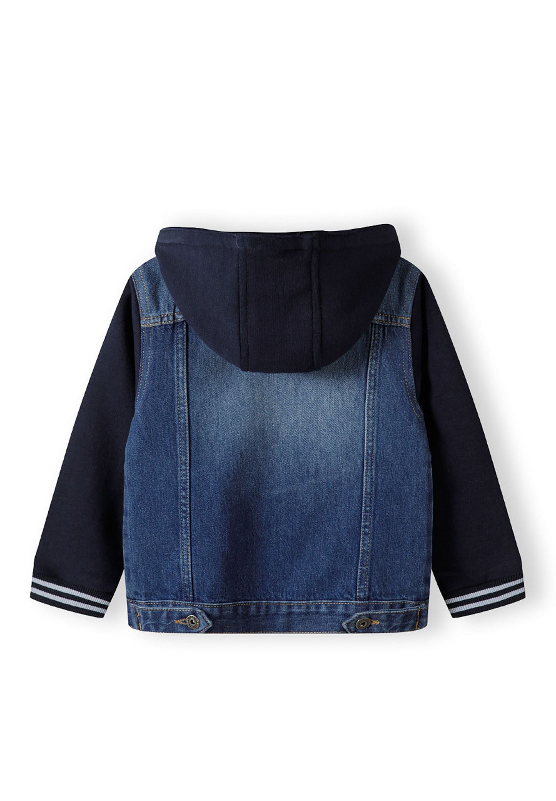 Back view of navy denim jacket with fleece sleeves and detachable hood laid flat on white background showing construction details