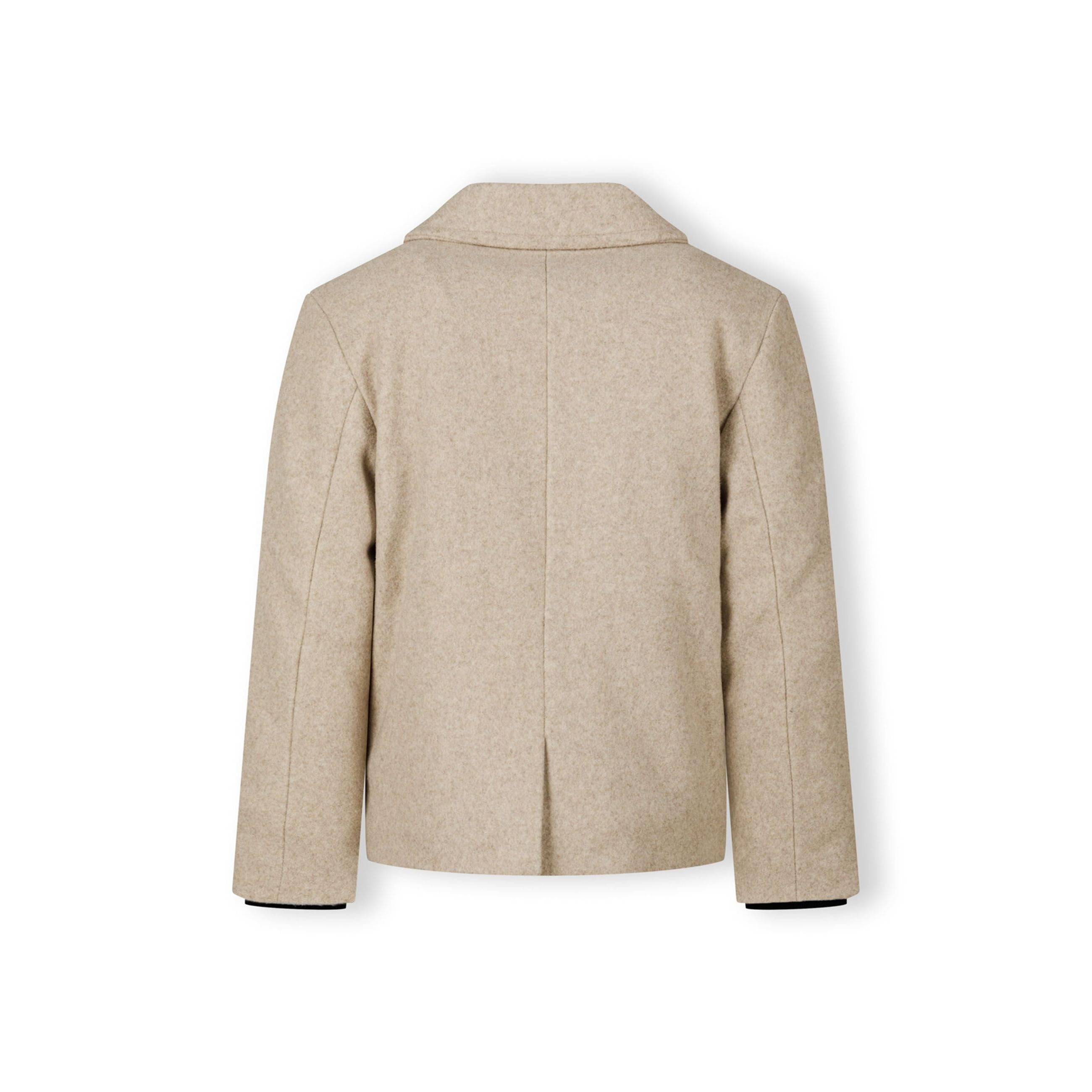 Three-quarter front view of beige double-breasted coat showing collar detail and button placement on white background