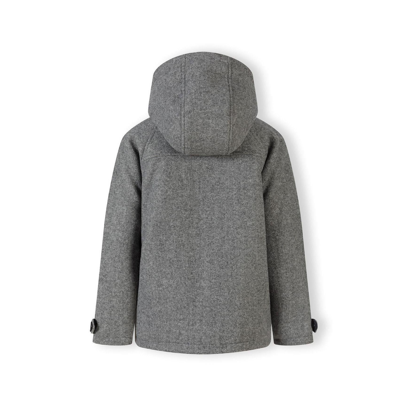 Back view of grey hooded coat laid flat showing the clean design, hood construction and overall silhouette against white background