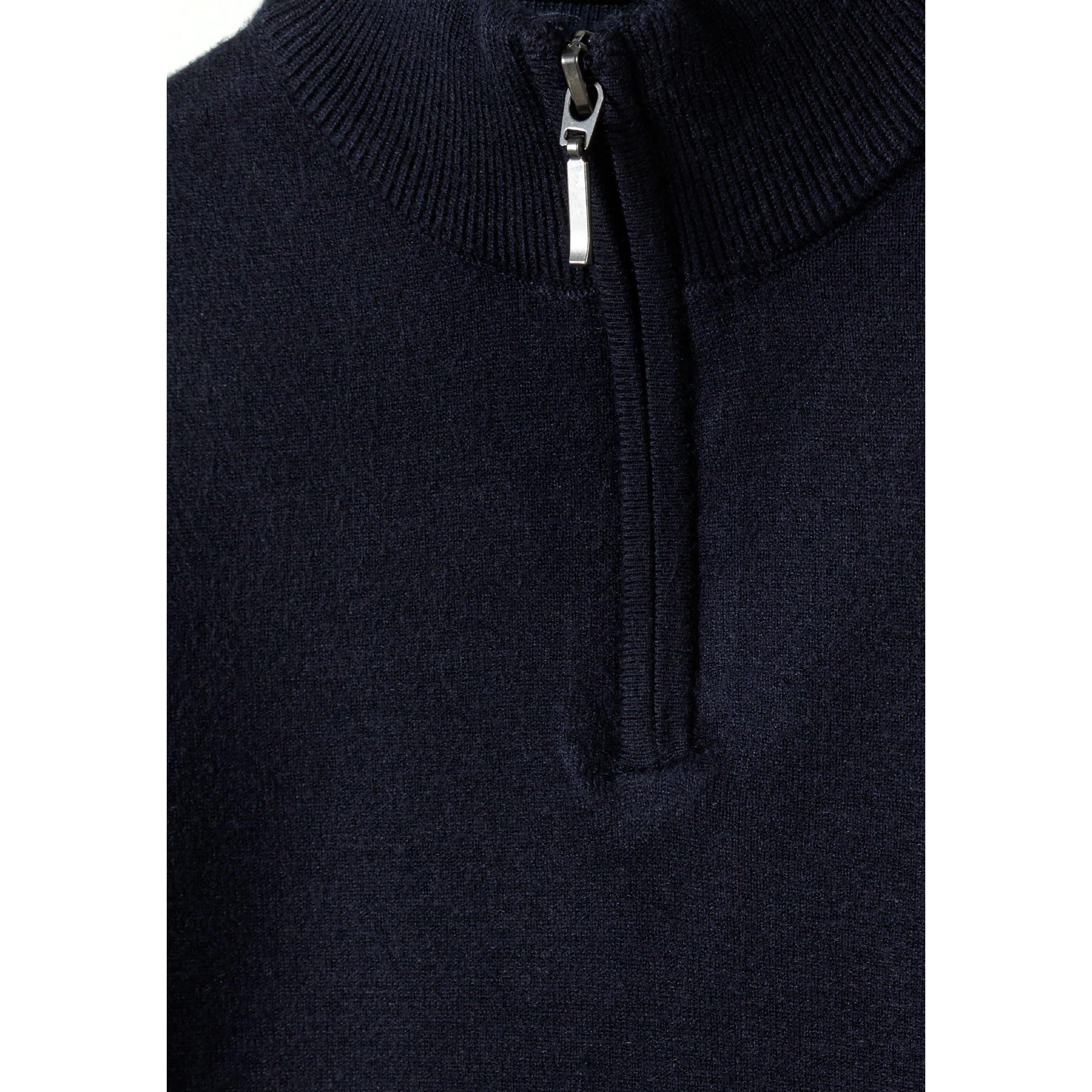 Close-up detail of navy jumper showing half-zip closure with black zipper and ribbed stand collar